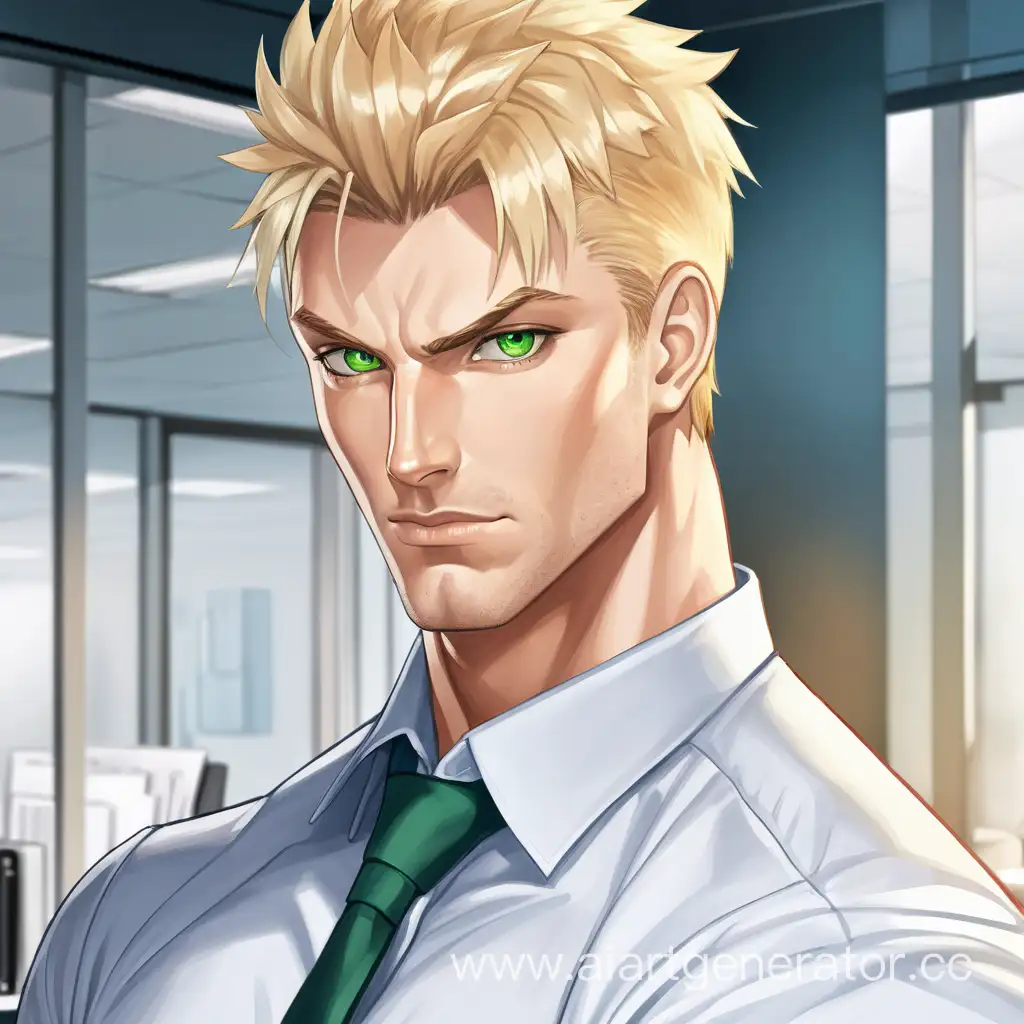 Guy, blond, muscular build, tall, green eyes, dressed in office attire