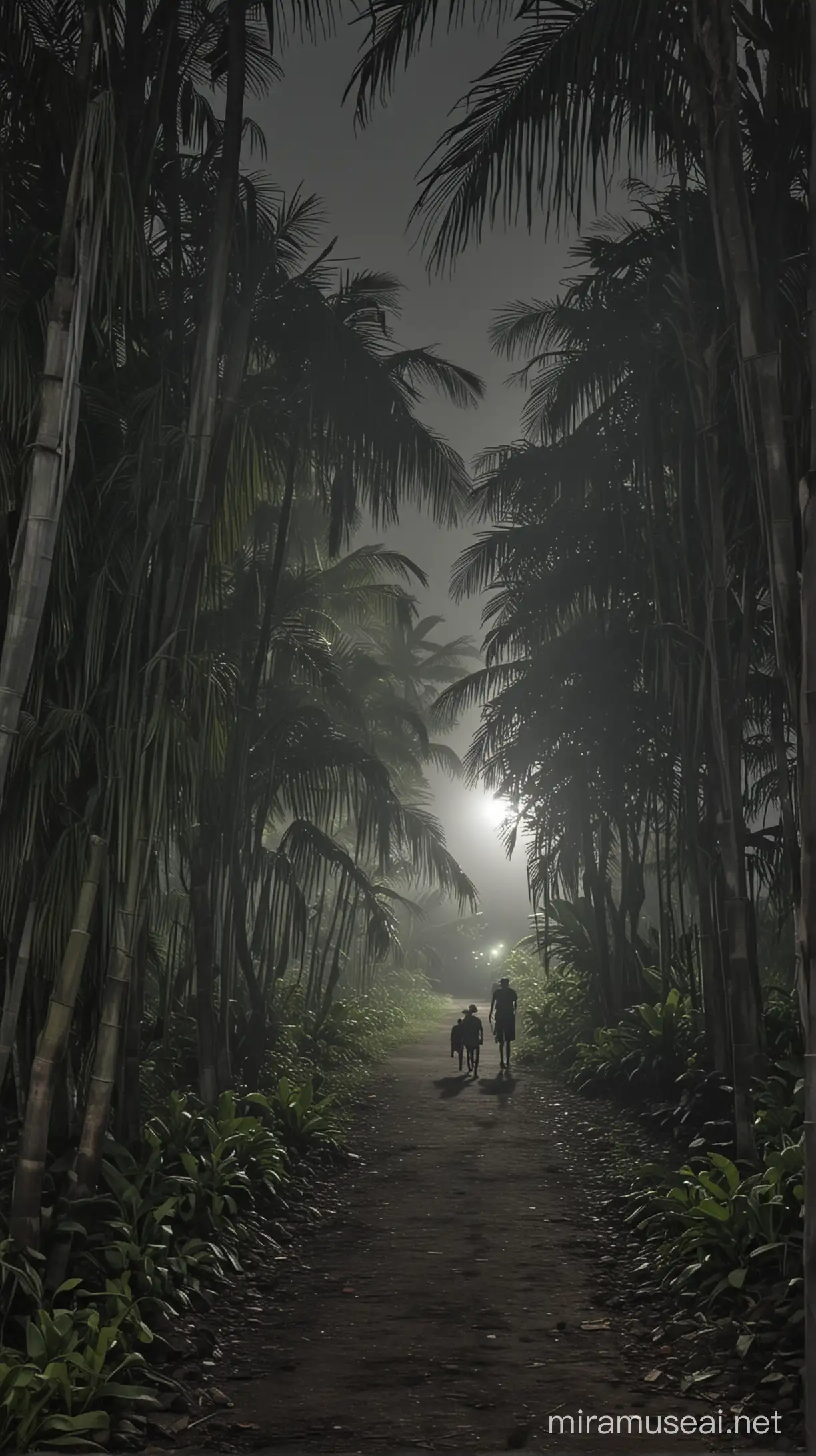 foto malam jalan di desa indonesia, pohon pisang, seram, sepi,
