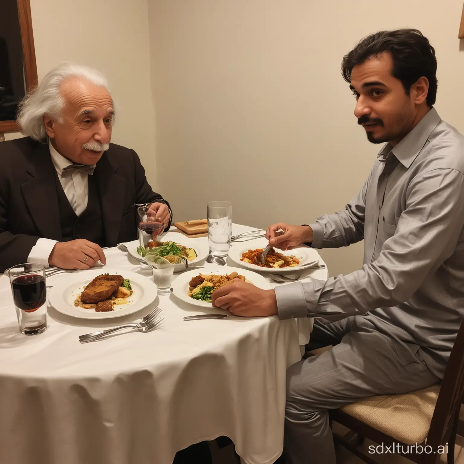 Awais Isane eating dinner with Einstein