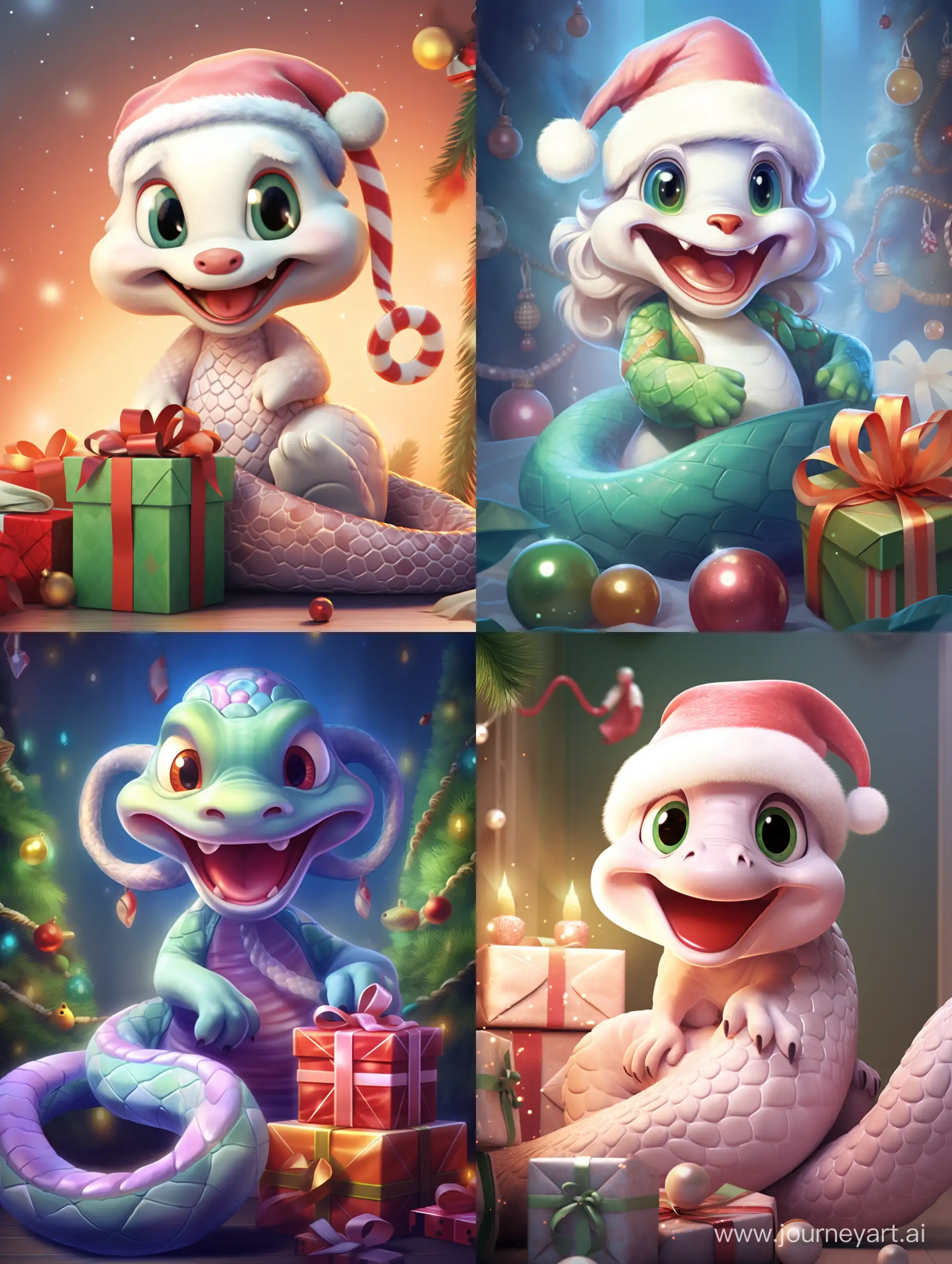 Adorable-Disney-Jr-PixarStyle-Snake-Celebrating-Christmas-with-Santa-Hat-Gifts-and-Tree