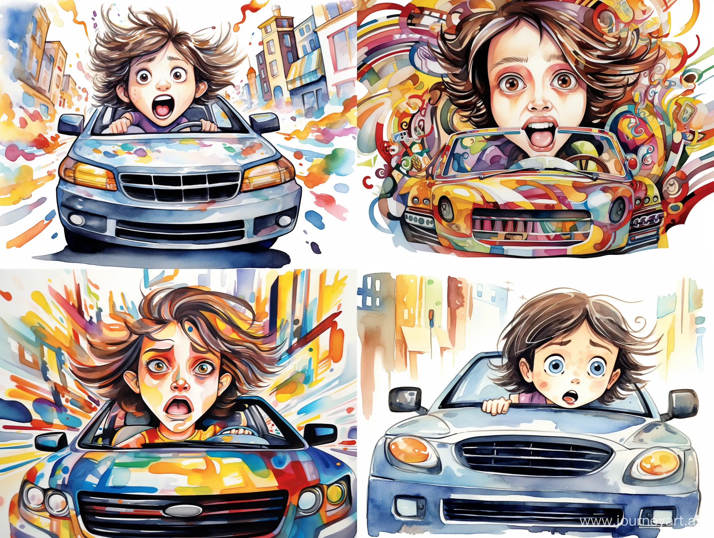 A three-year-old girl, brown hair above her shoulders, with brown eyes, long eyelashes, small mouth, thin lips, rides in a large white children's car down the street, stylized caricature, decorative, flat illustration,on a white background, watercolor, ink, Victor Ngai style, bright colors
