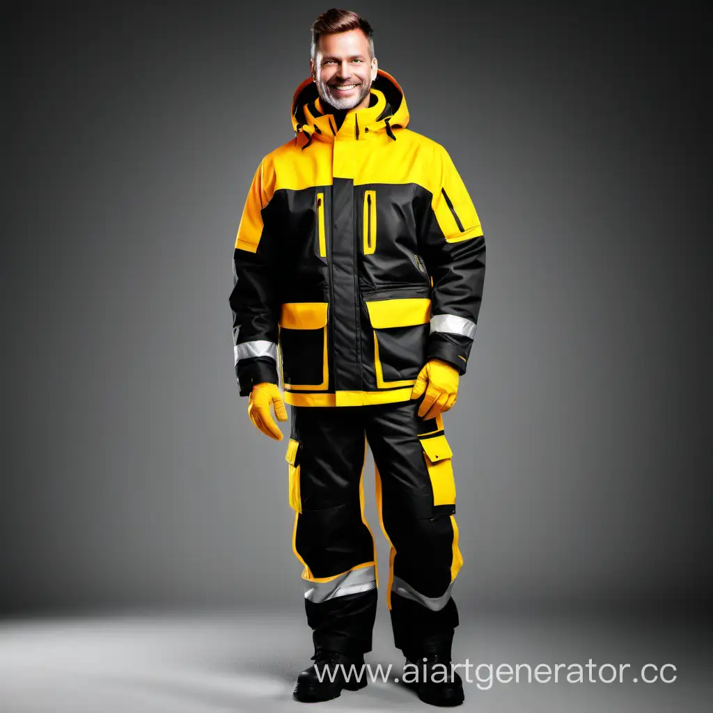 beautiful very insulated avia workwear handsome nordic man smile black yellow 8k dramatic light, front view, full-length