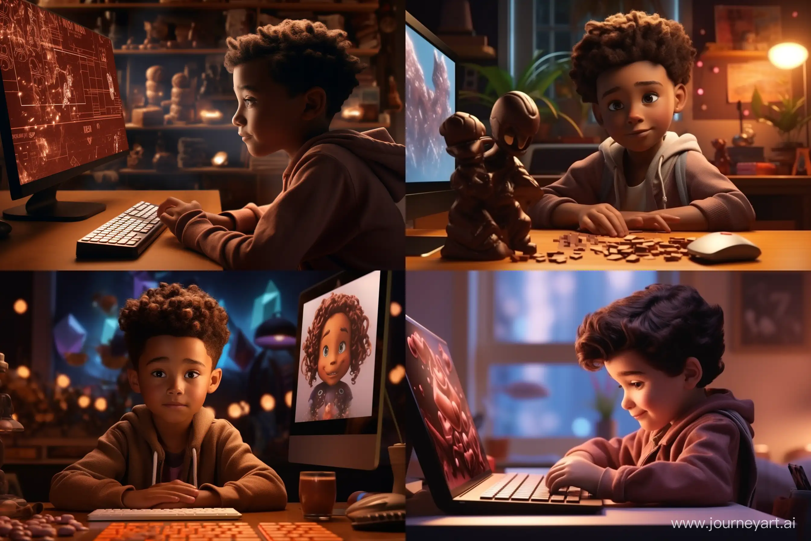 A chocolate color young boy in sitting infront of the computer and writing code, hyper-realistic, 8k, ultra HD, Pixar style, Disney style, cinema 4d, --ar 3:2