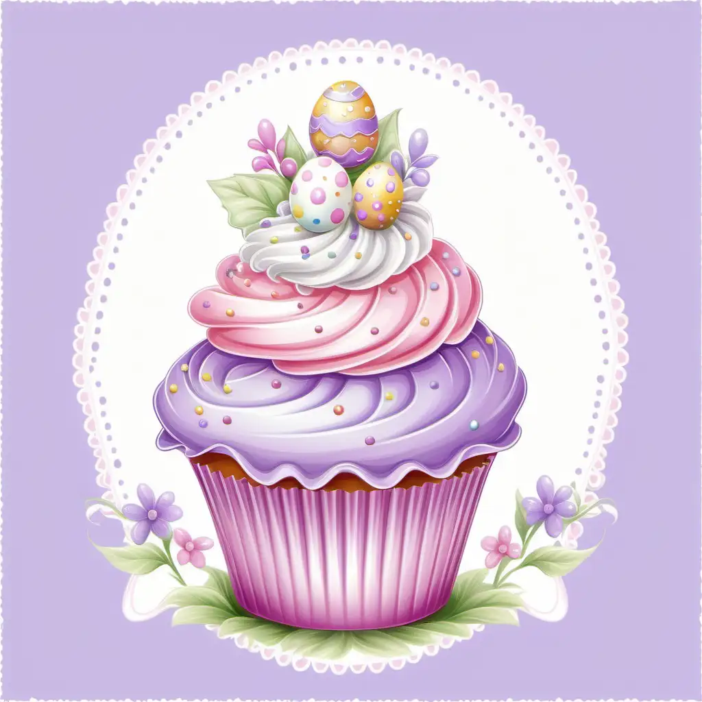 fairytale,whimsical,
cartoon, large easter, double frosted white ,pink,and lilac,CUPCAKE,clipart,
bright pastel, white background,