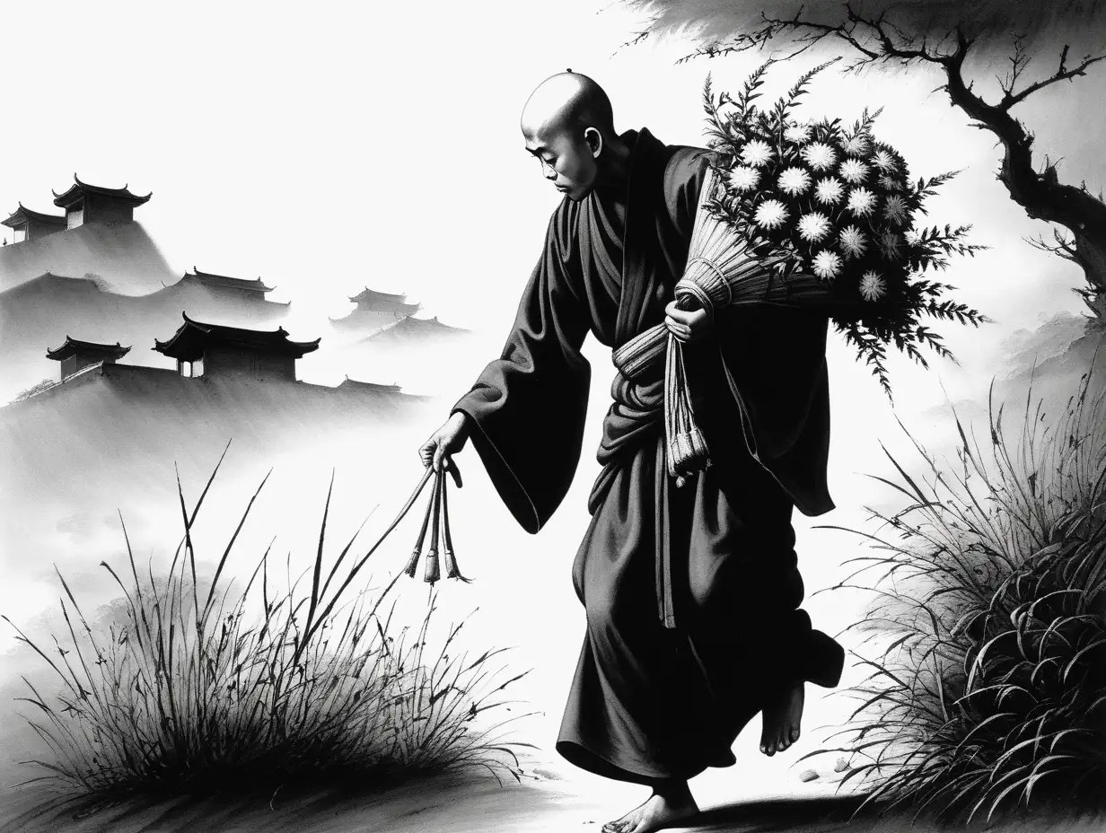 eastern ink painting in black and white a lone monk carrying a heavy flower burdened by load