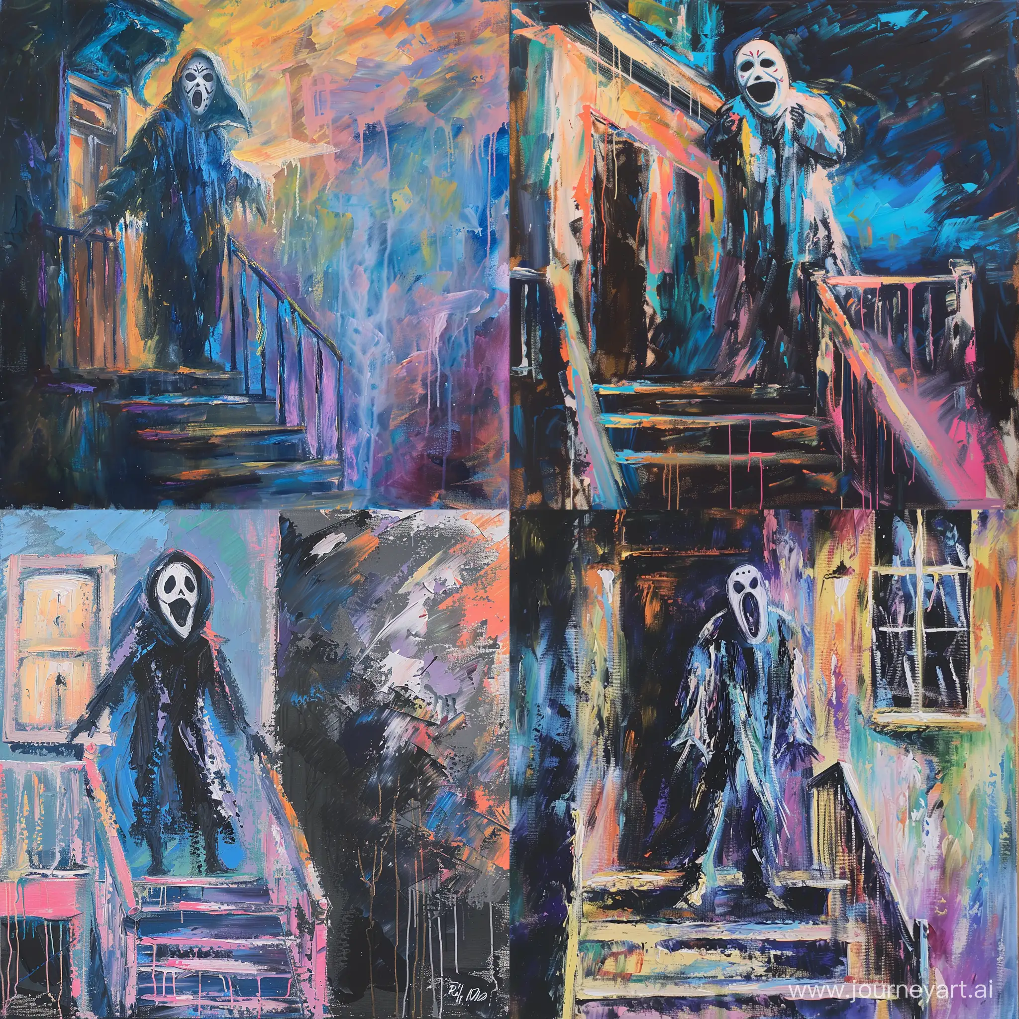 abstract painting in pastel colors, the villain from the movie Scream in a mask stands on the threshold of the house against the background of the night