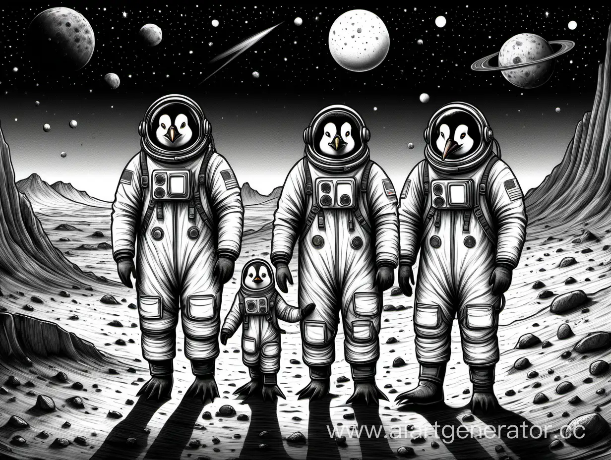 Пингвины космонавты в скафандрах на Марсе, черно белый рисунок семьи для раскрашивания. Высокая детализация. Ночь,  кометы