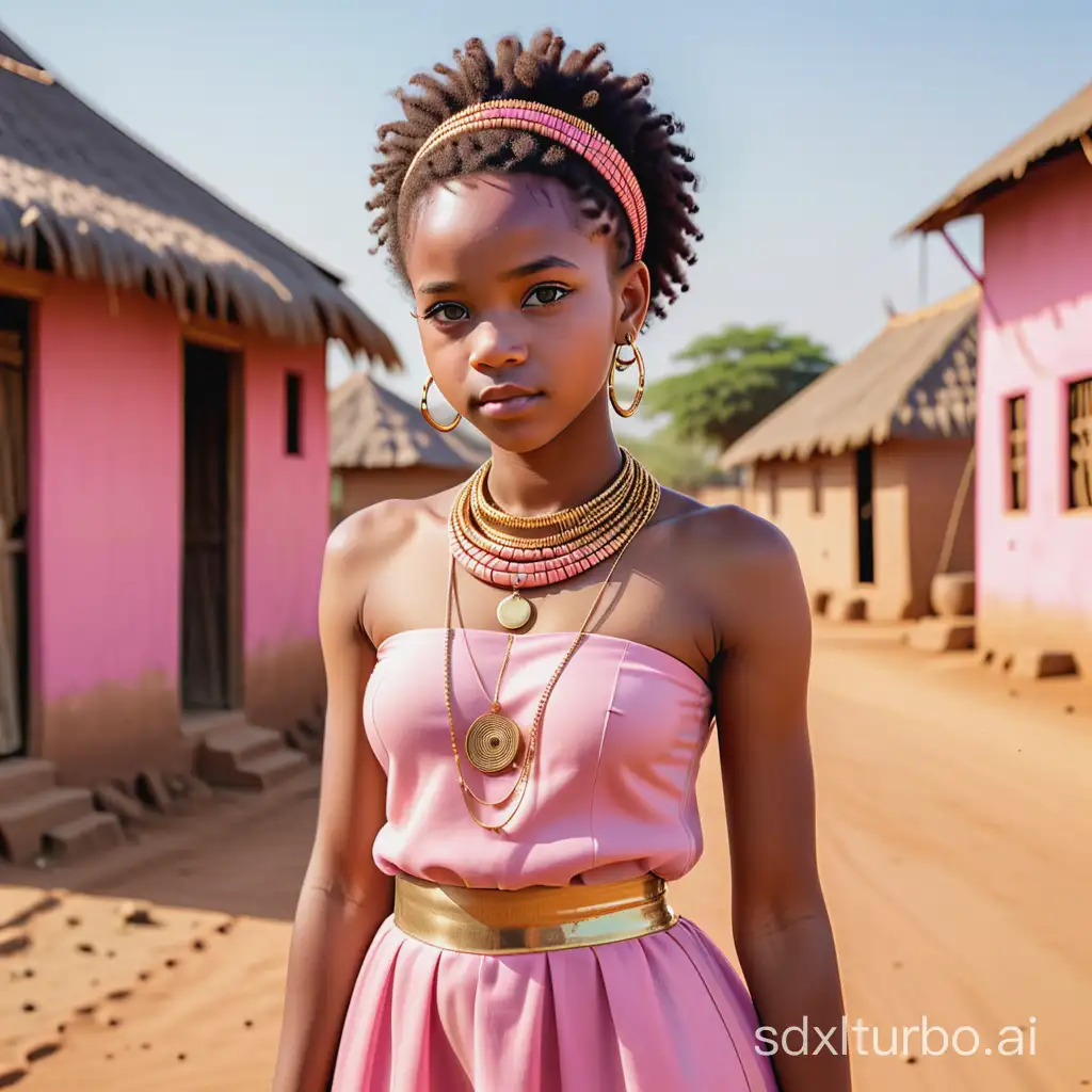 full body portrait of a royal African teen, long lashes, short coiled hair, gold rings and gold African necklace, pink African tribe dress, eyes looking to left, playful gentle expression, African village background