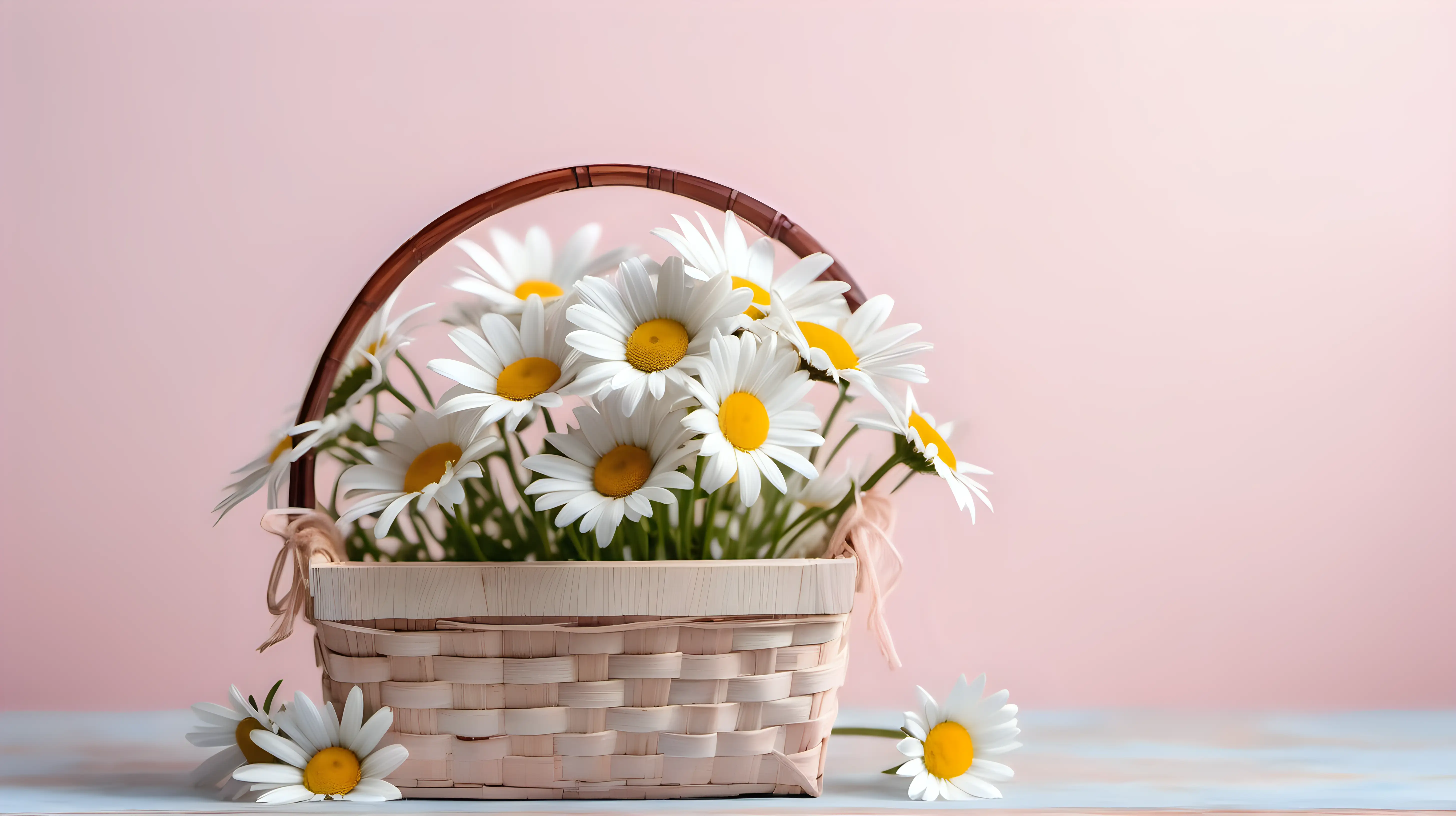 White daisy flowers in wooden basket on pink pale spring background, copy space on left