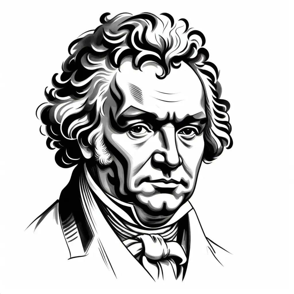 Beethoven Black Ink Portrait on White Background