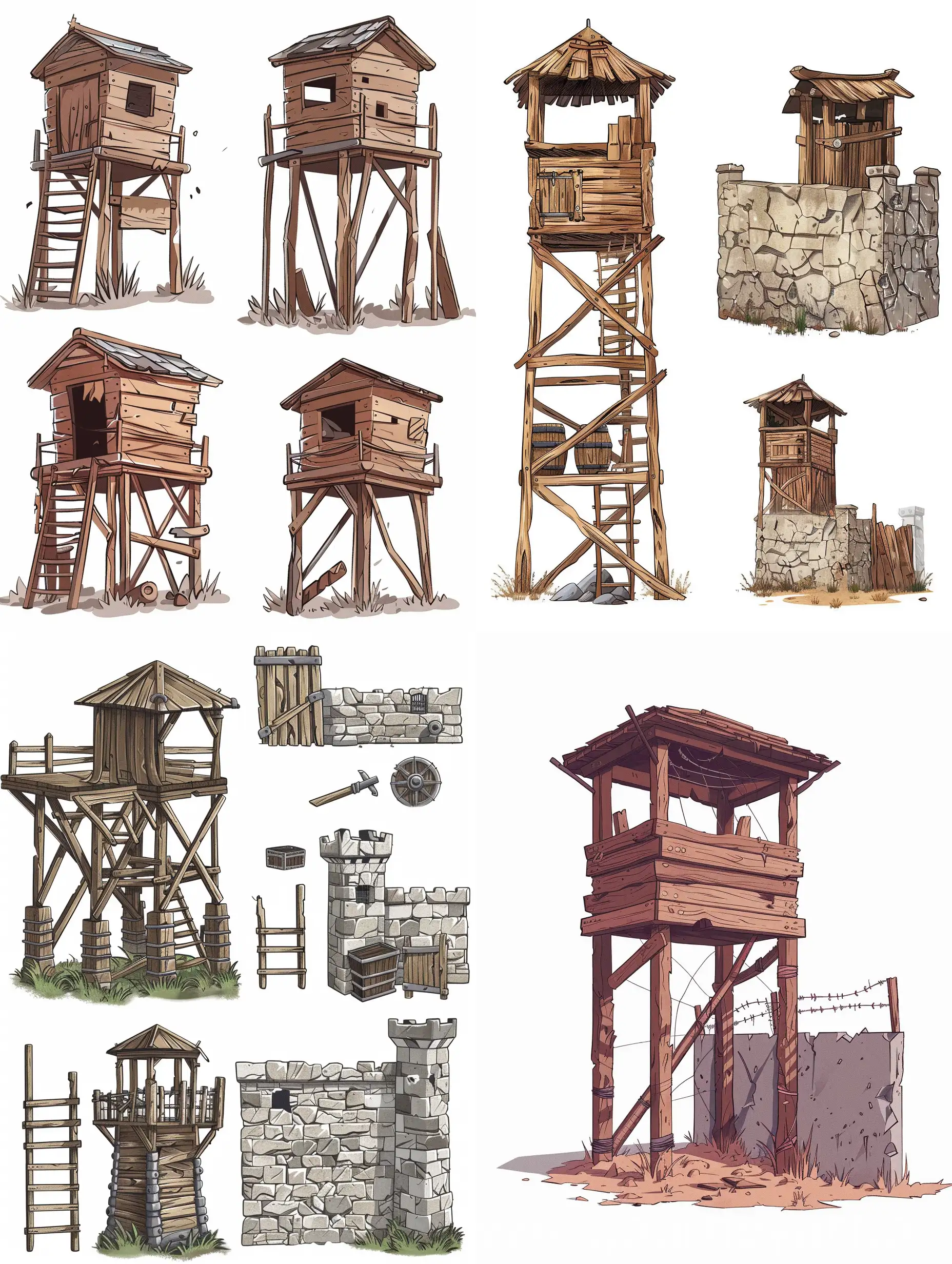 side view, a set of sprites for a 2D platformer, post-apocalypse wooden watchtower with defense wall, a map of sprites, simple illustration style, 8k, untiy, white background