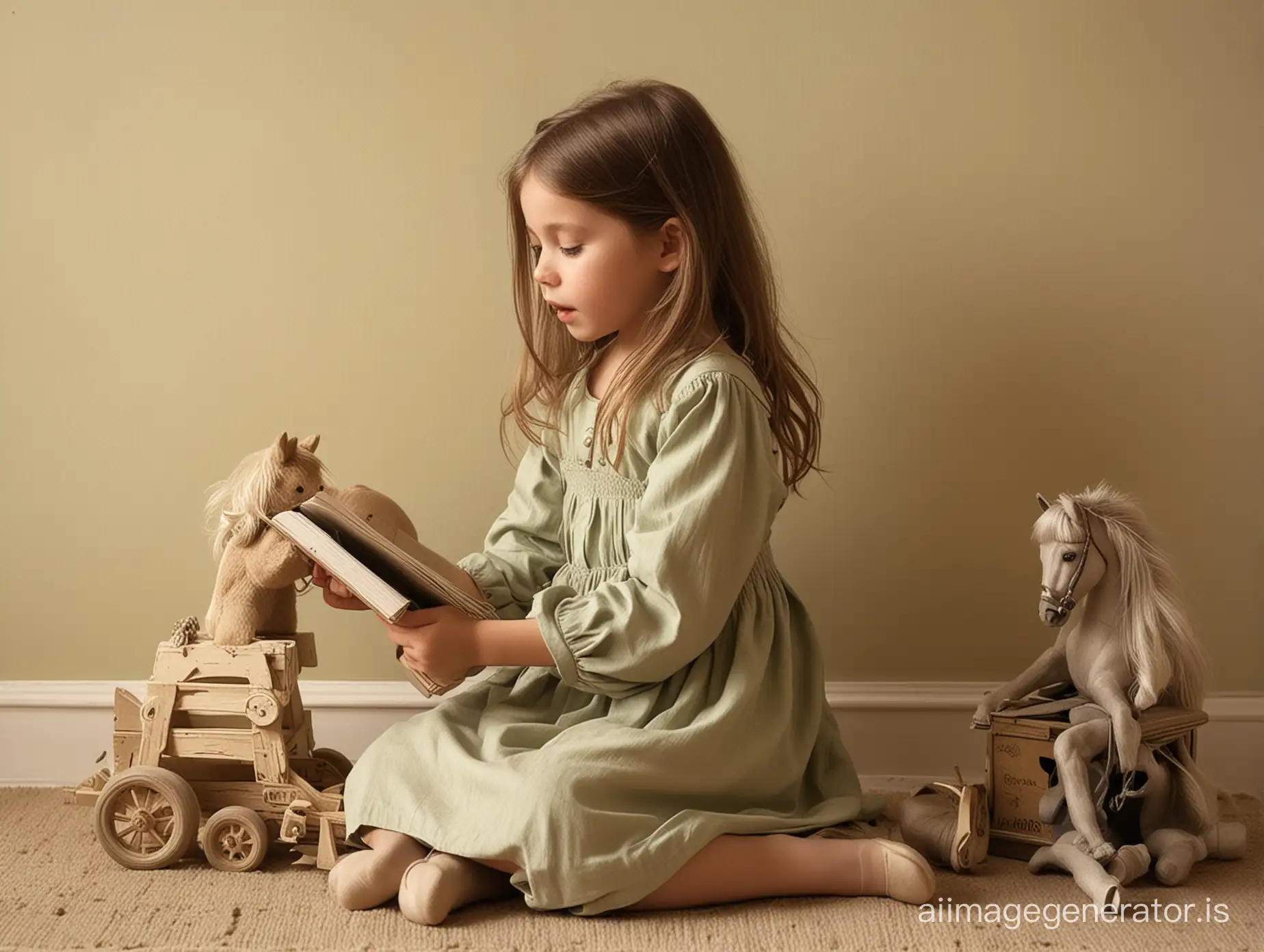A girl, about 6 years old, with loose hair on her shoulders, sitting on the ground. Profile shot, positioned to the left of the image. She is engrossed in playing with old dusty toys, including dolls, music boxes, puppets, and rocking horses. She has a book in her hand. 
Style: Detailed Photorealistic, Nostalgic and melancholic atmosphere, Warm and soft, dim light. Soft and dusty colors predominate, such as brown, beige, and sage green. Warm and welcoming atmosphere. Shadows are soft and diffuse.