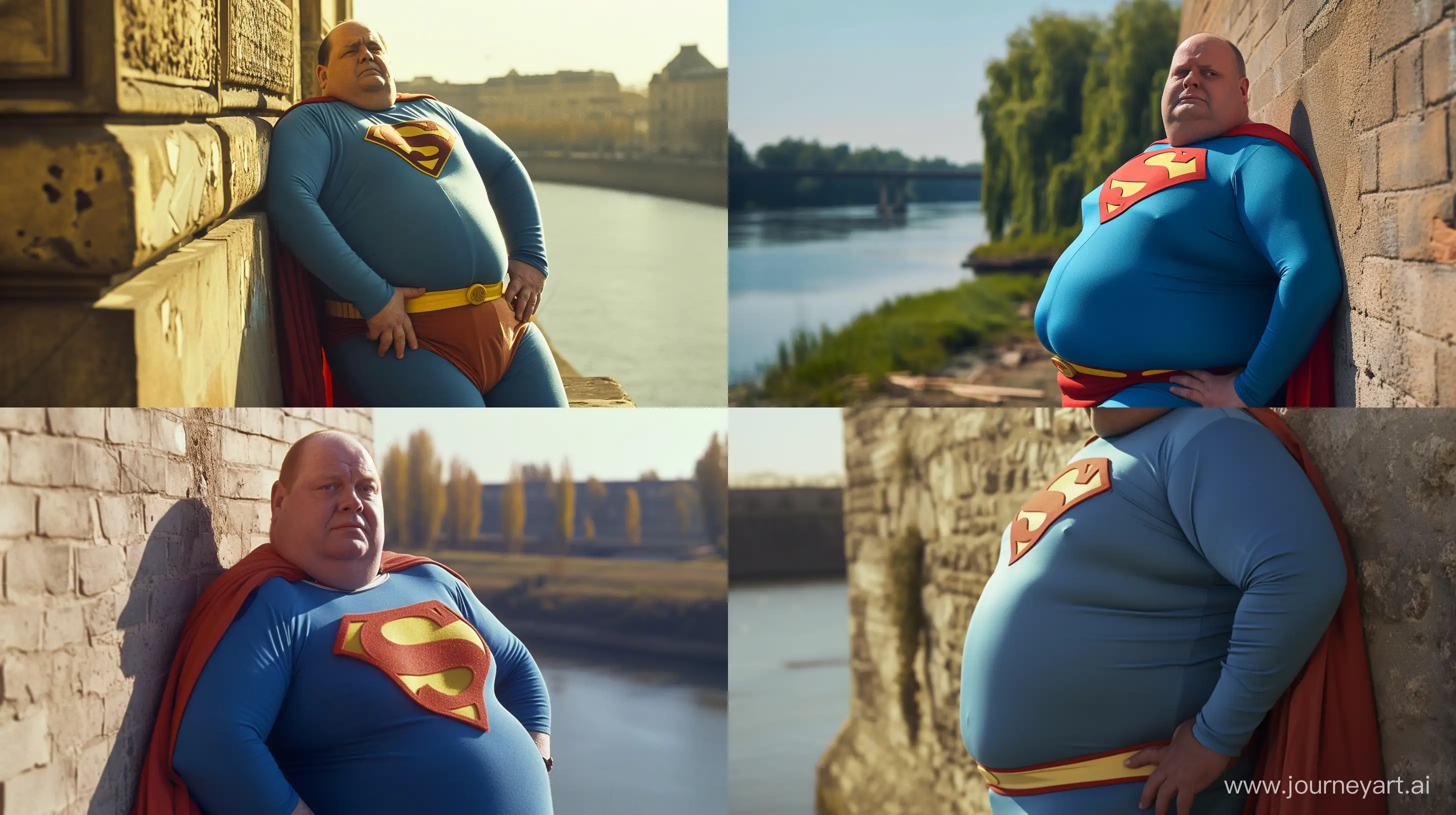 Close-up photo of a fat man aged 60 wearing a tight blue 1978 smooth superman costume with a red cape leaning against a wall. Outside. River. --style raw --ar 16:9