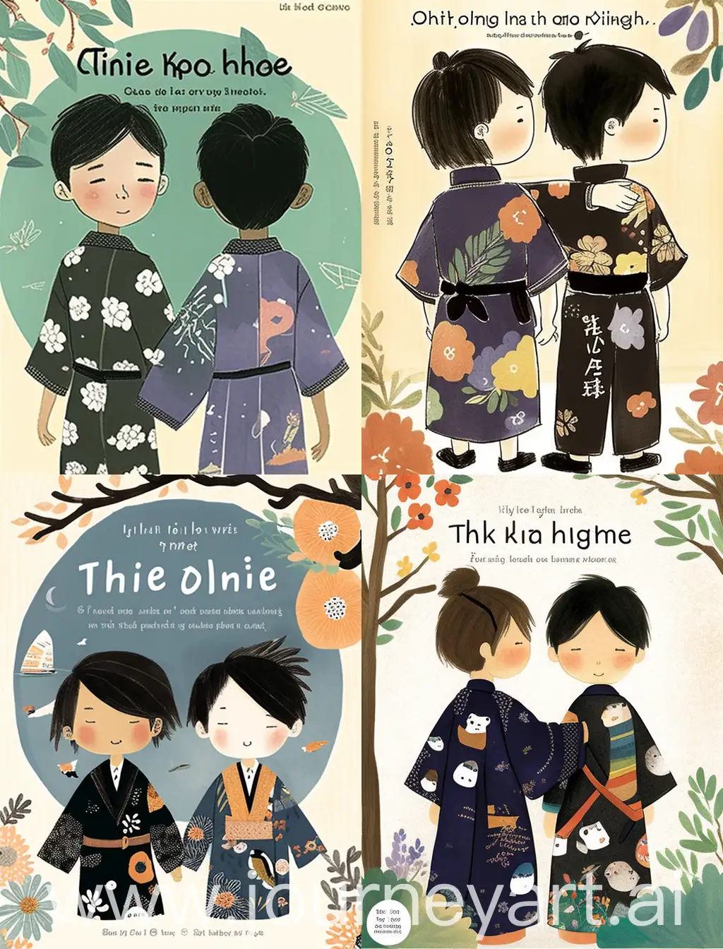 japan style, Two boyfriends in old kimonos, Japanese children, affectionately put their arms around each other's shoulders and look back. Dark hair, Japan has a rich tradition of storytelling and whimsy. Create a collaborative story that incorporates elements of these artistic styles: the turbulent past and tenacious spirit of the Japanese people, the drawings of preschoolers, the innocent and free touch of pencil scribbles and hand-drawn, the blurred background of the Japanese countryside, the simple
