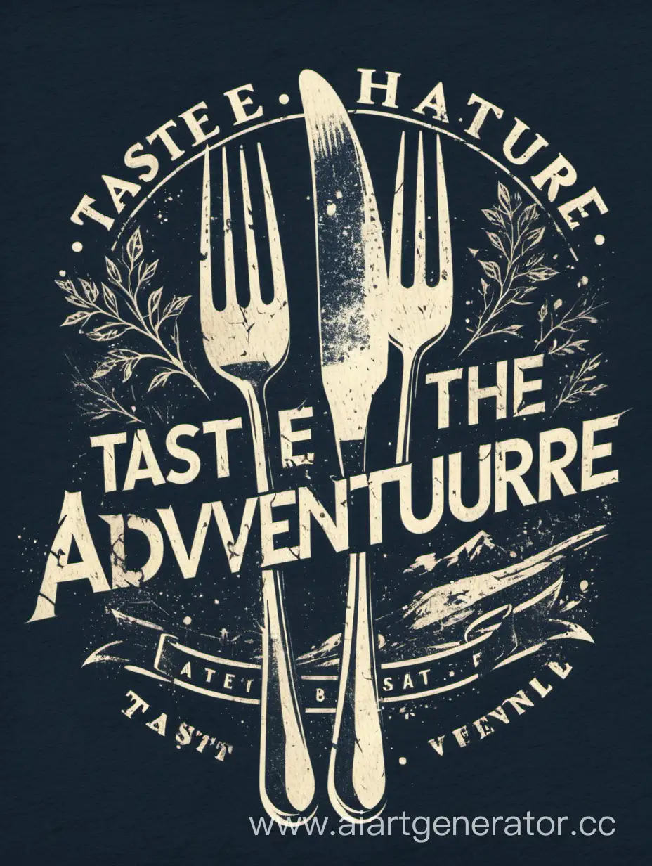 "Taste the Adventure" featuring a fork- shaped graphic, with distressed textures and worn-out designs, giving a vintage and worn-in look to the t-shirt design