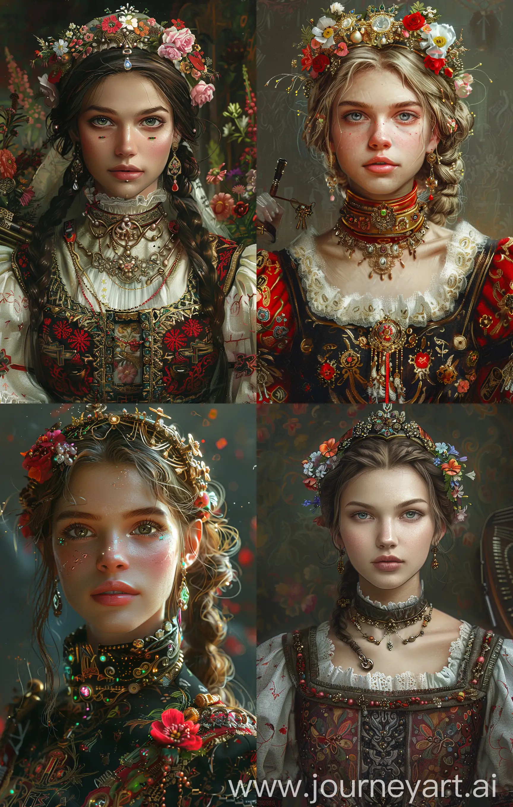 cyberpunk full body Slavic cyberfemale in traditional dress, and flowers tiara, music cyberinstruments , oil painting style, high quality , dramatic poses and lighting, cyberpunk and atompunk style, intricate details , --ar 7:11 --stylize 250 --v 6