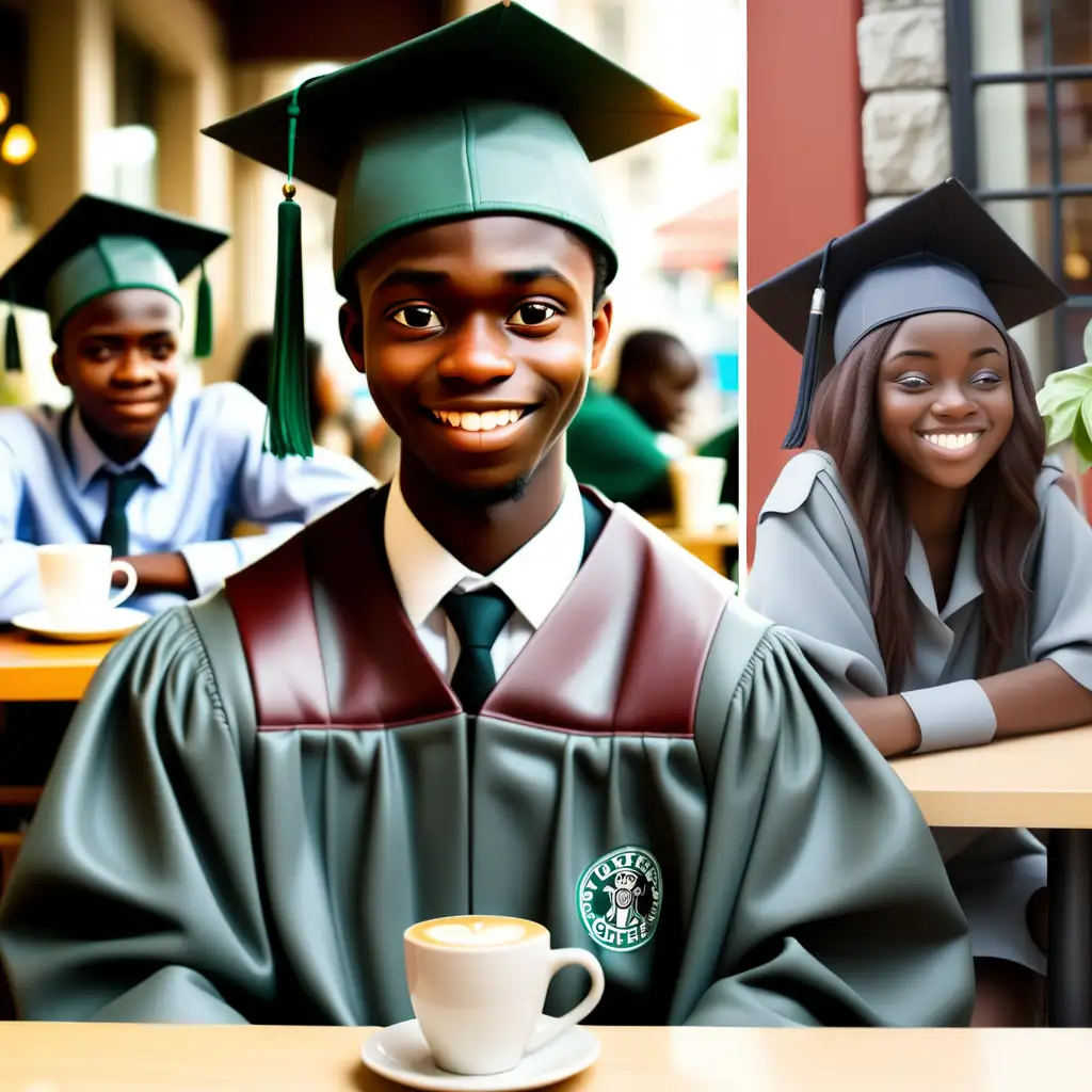 Left side: A Nigerian student working a part-time job at a coffee shop, looking determined but tired. Right side: The same student in graduation regalia, smiling proudly with friends in a foreign city.