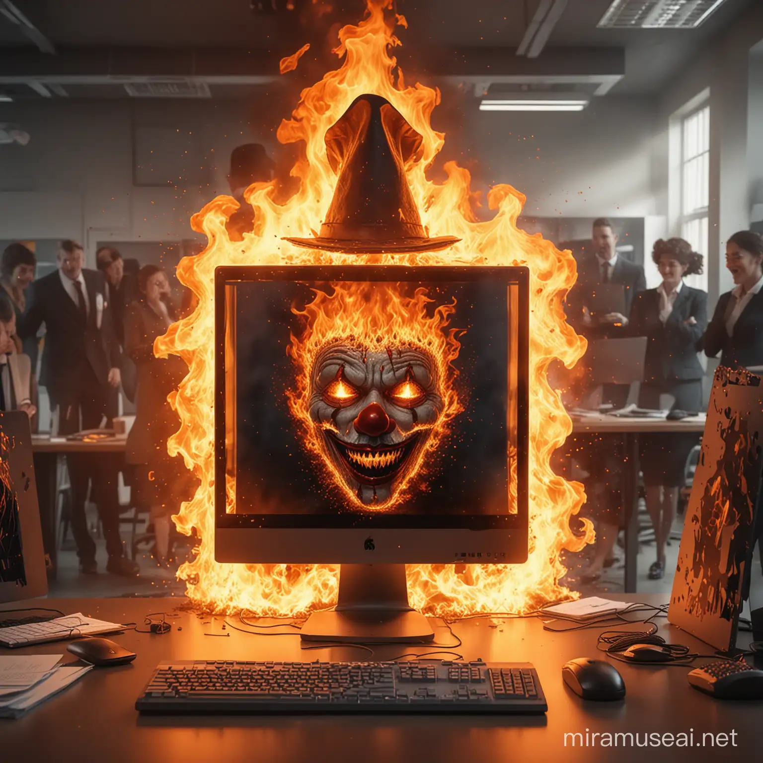 Generate an image of a graphics PC engulfed in flames, while office workers surrounding it are laughing hysterically. The scene should be surreal and absurd, with the flames forming intricate patterns and the office workers wearing clown noses and oversized hats