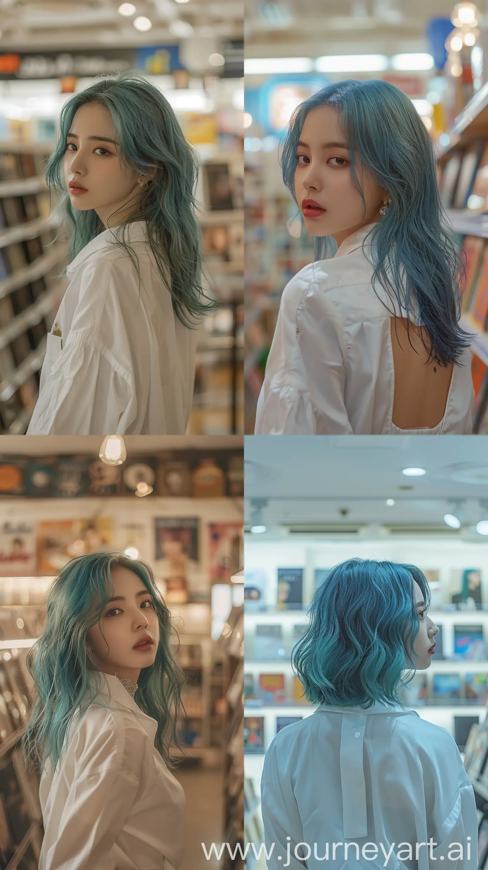 a blackpink's jennie, blue wolfcut hair,  wearing white shirt inside album store, back body,no blury no bokeh --ar 9:16 --stylize 250