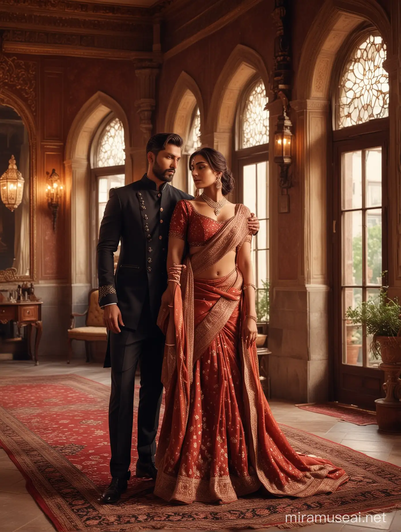 two intimate lovers,   european handsome mAn, most handsome european man with indian features, elegant and arrogant looks, alfa male, fashionable beard,  beard, alfa male, most beautiful indian girl, elegant saree look, low cut bacK
photo realistic, 4k.
background, vintage lamps, dimly  lit palace interior ambiance, BRICK RED  color carpet, interior designs, big window for outside view, romantic atmosphere, intricate details, 8k.