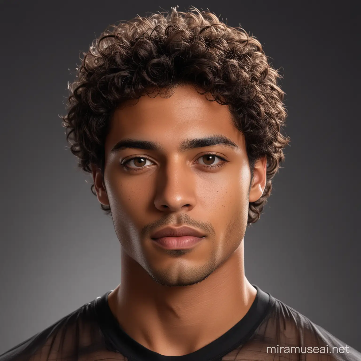 A photorealistic portrait of a 28-year-old man of mixed Black descent, featuring his brown skin, deep brown eyes with a hint of hazel, and thick, silky curly black hair, wearing a thin sheer black modern shirt, focused on a front view with a striking background contrast.