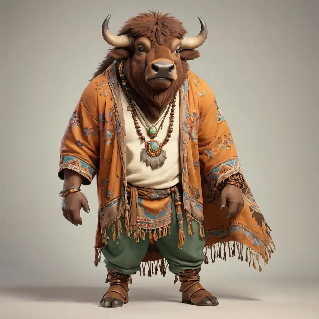 a bison in cartoon style in full body with boho clothes with clear background