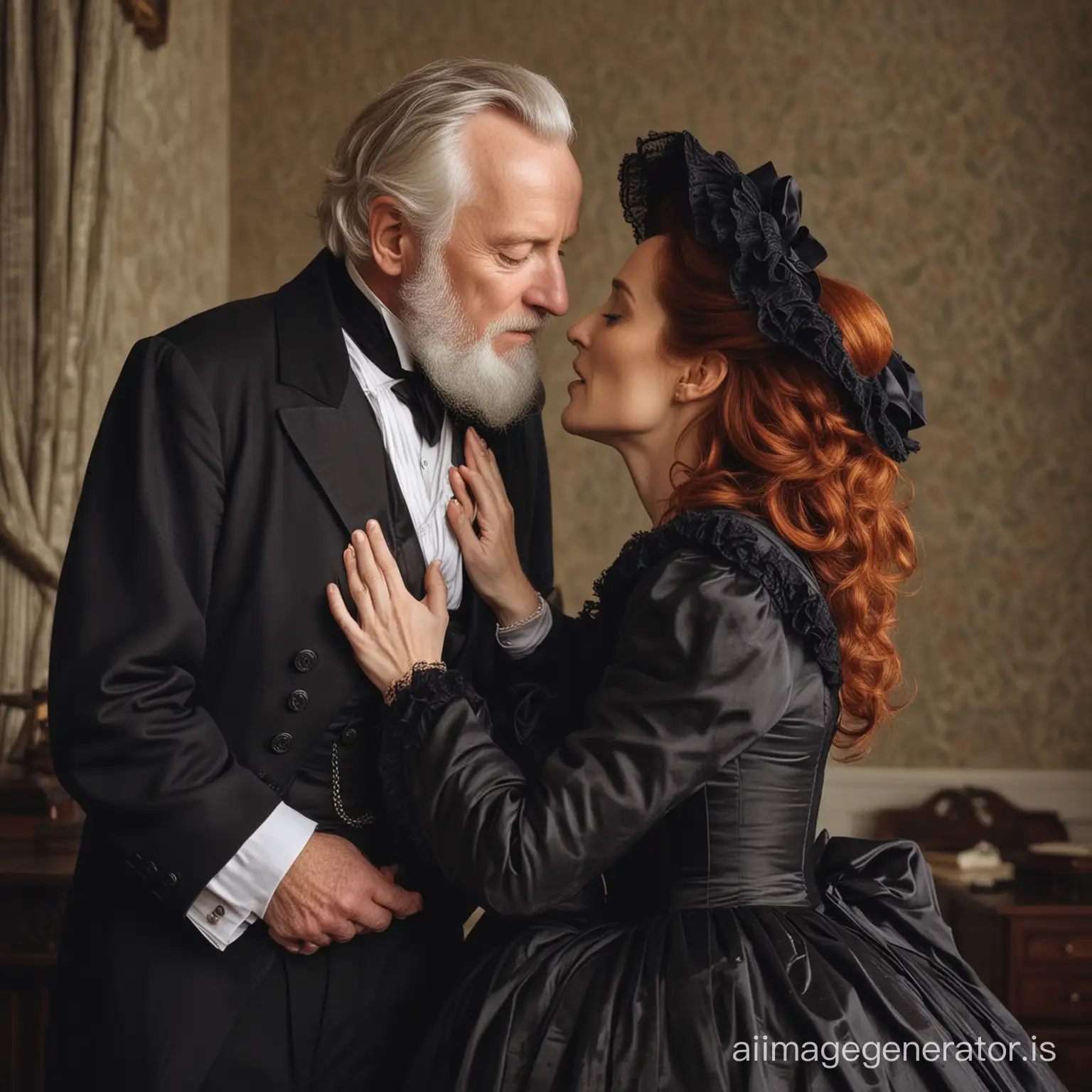red hair Gillian Anderson wearing a poofy black floor-length loose billowing 1860 victorian crinoline dress with  a frilly bonnet kissing an old man who seems to be her newlywed husband
