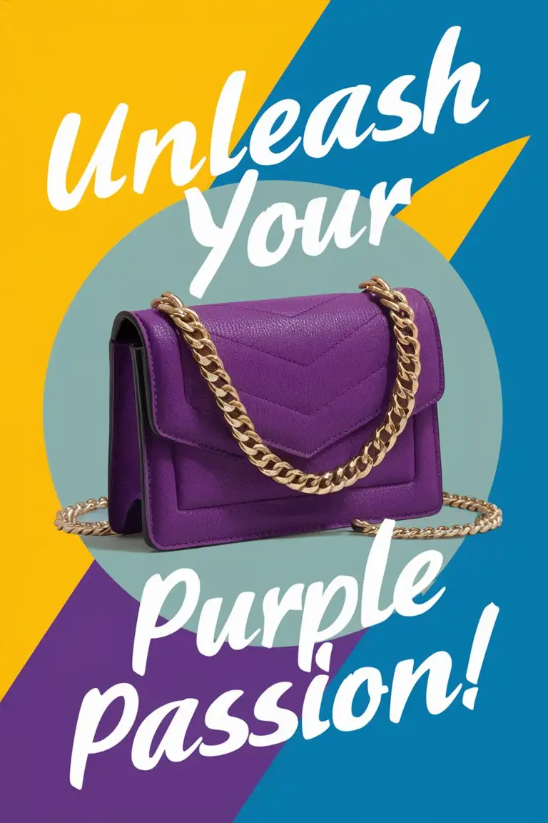 marketing poster for a purple purse using bright yellow and blue and a clever slogan about fashion written in white
