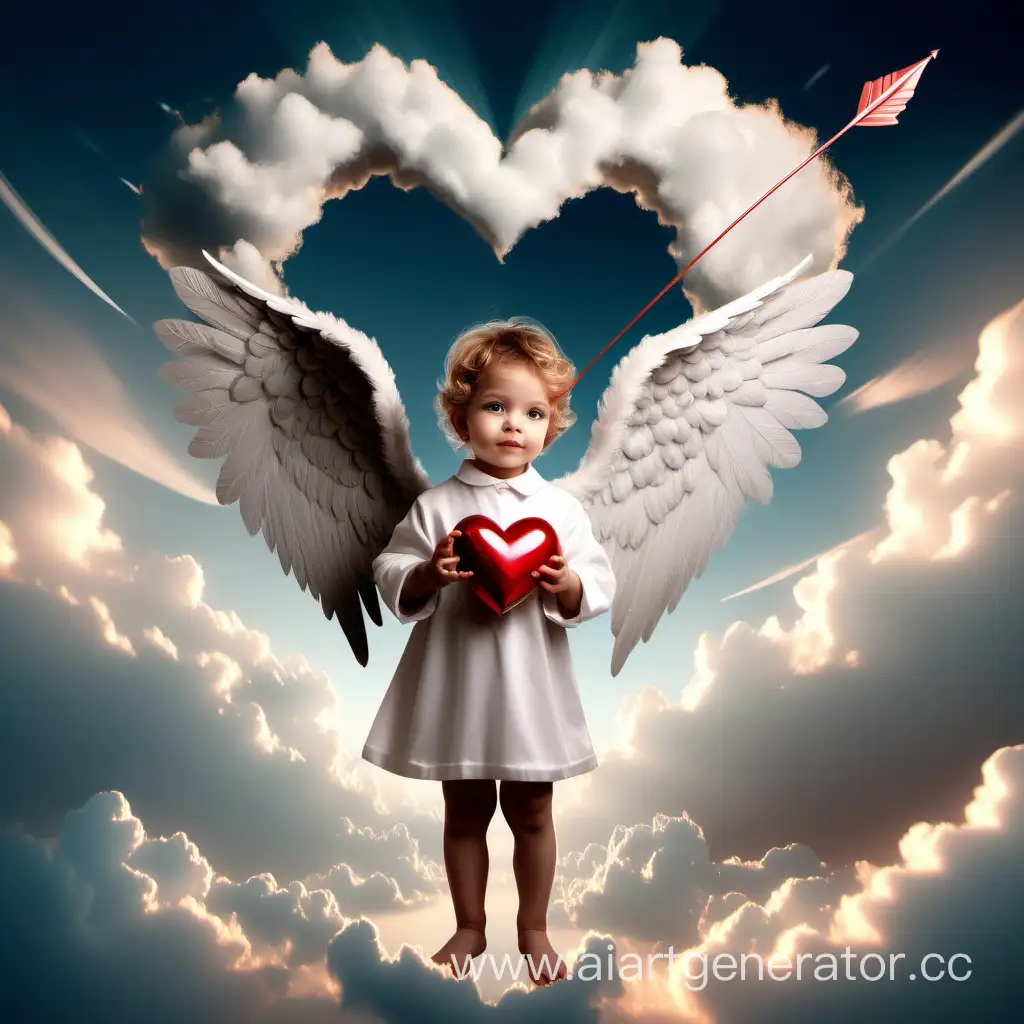 фантастически шикарный ангелочек, роскошно одетый признаётся в любви красивейшей ангелихе и дарит подарки в виде сердечка со стрелой, а вокруг красивые облака