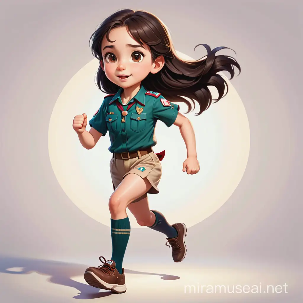 a running female kid have 11 years old , have a medium long dark brown soft hair , big dark brown eyes, round face
 , light skin , scout uniform, show the full body of her. cartoon type .