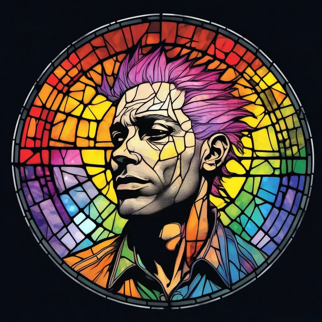 A portrait of a man with wild rainbow coloured hair.  A deep emotional experience. A portrait of a male, with the cracks in the stain glass highlighting the emotions across his face.

Style: Circle Stained Glass
Mood: Grunge

T -shirt design graphic, vector, contour, solid colours.