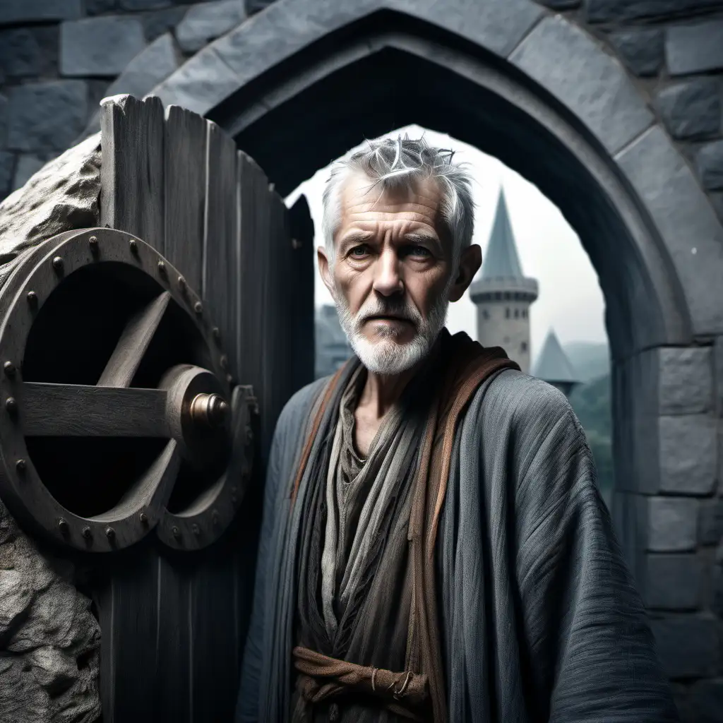 Ultra realistic Double expose of grey haired old sorcerer with short hair and beard wearing mismatched vagabond clothes with short rough looking tower with round door in the background