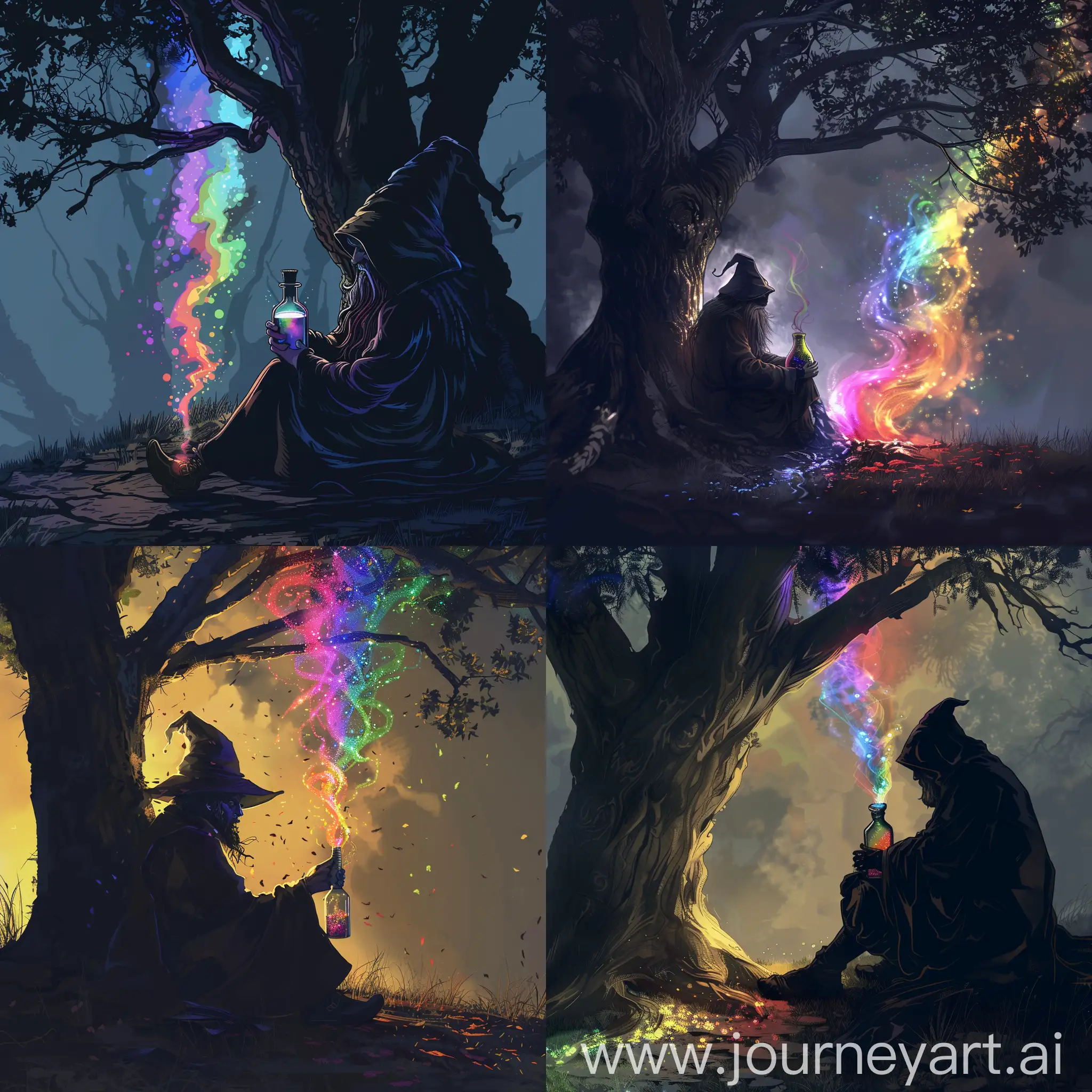 dark comic style, anime medieval wizard sitting by a tree with an alchemy potion, rainbowy shiny holographic colored fumes coming out of the bottle, shadow play, , ultra quality, 8k, high resolution, ultra detailed