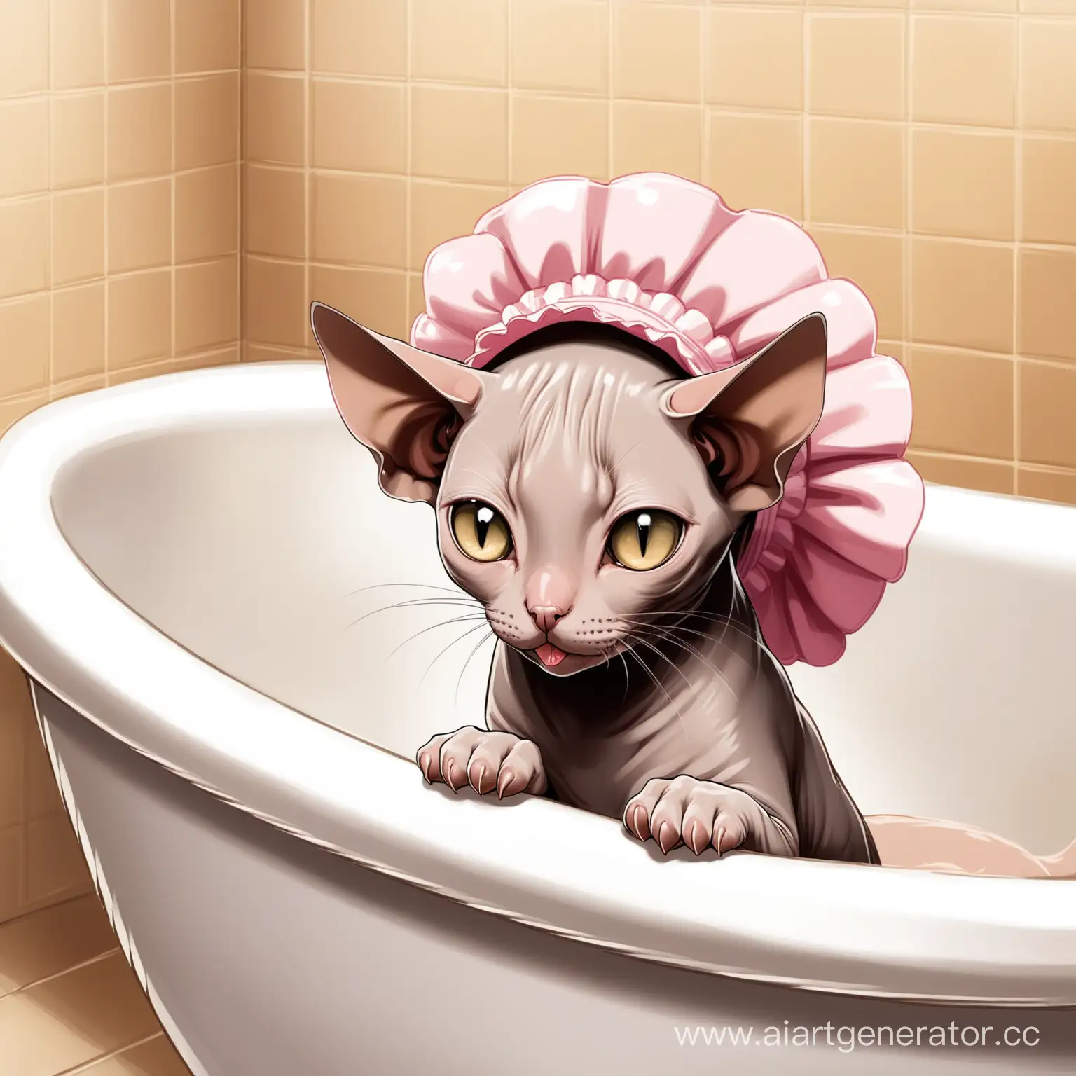 Sphinx-Cat-Grooming-in-Bathroom-Bonnet