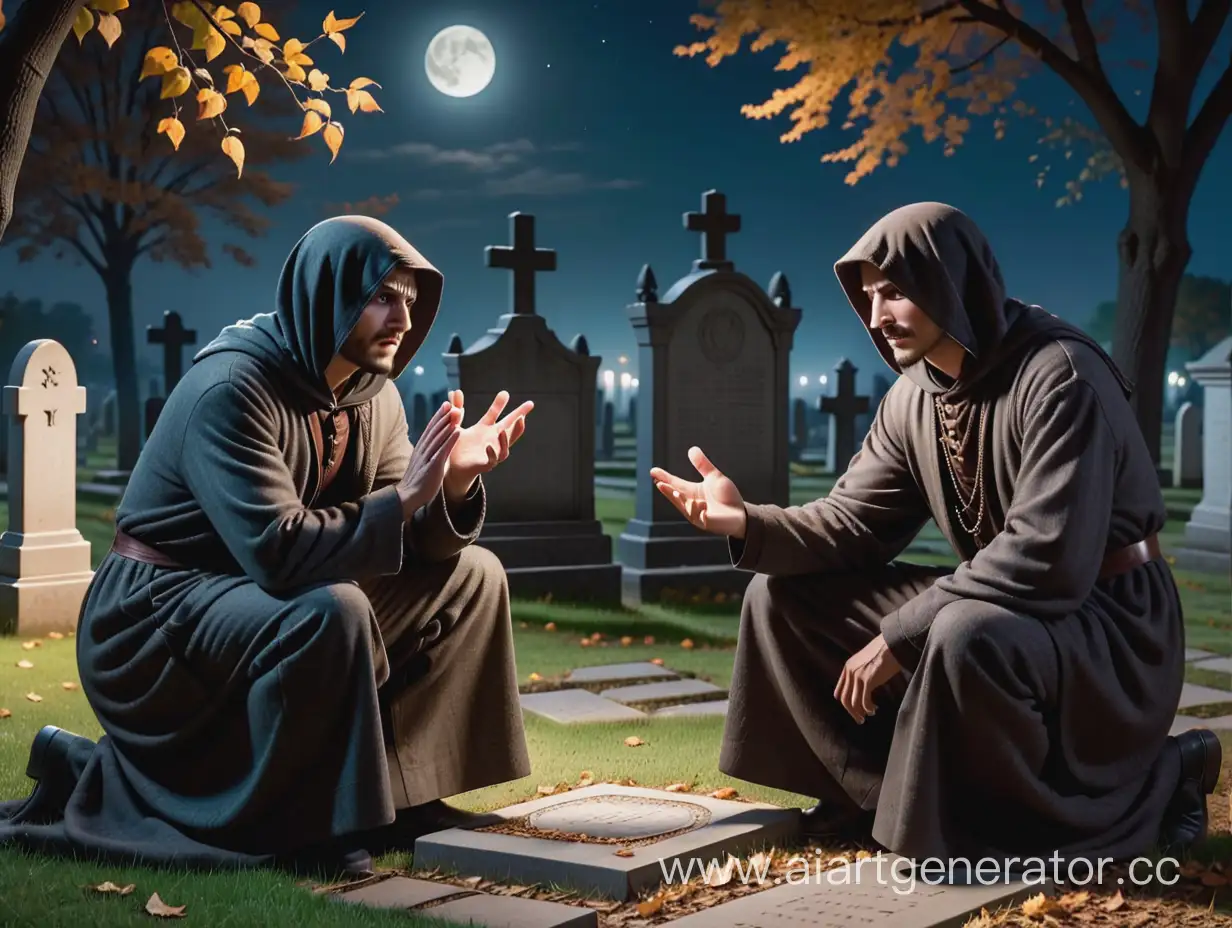 два вора, в длинной одежде,20 век, сидят на кладбище, у могилы, ссорятся, гневно жестикулируют руками, из-за монеты, ночью