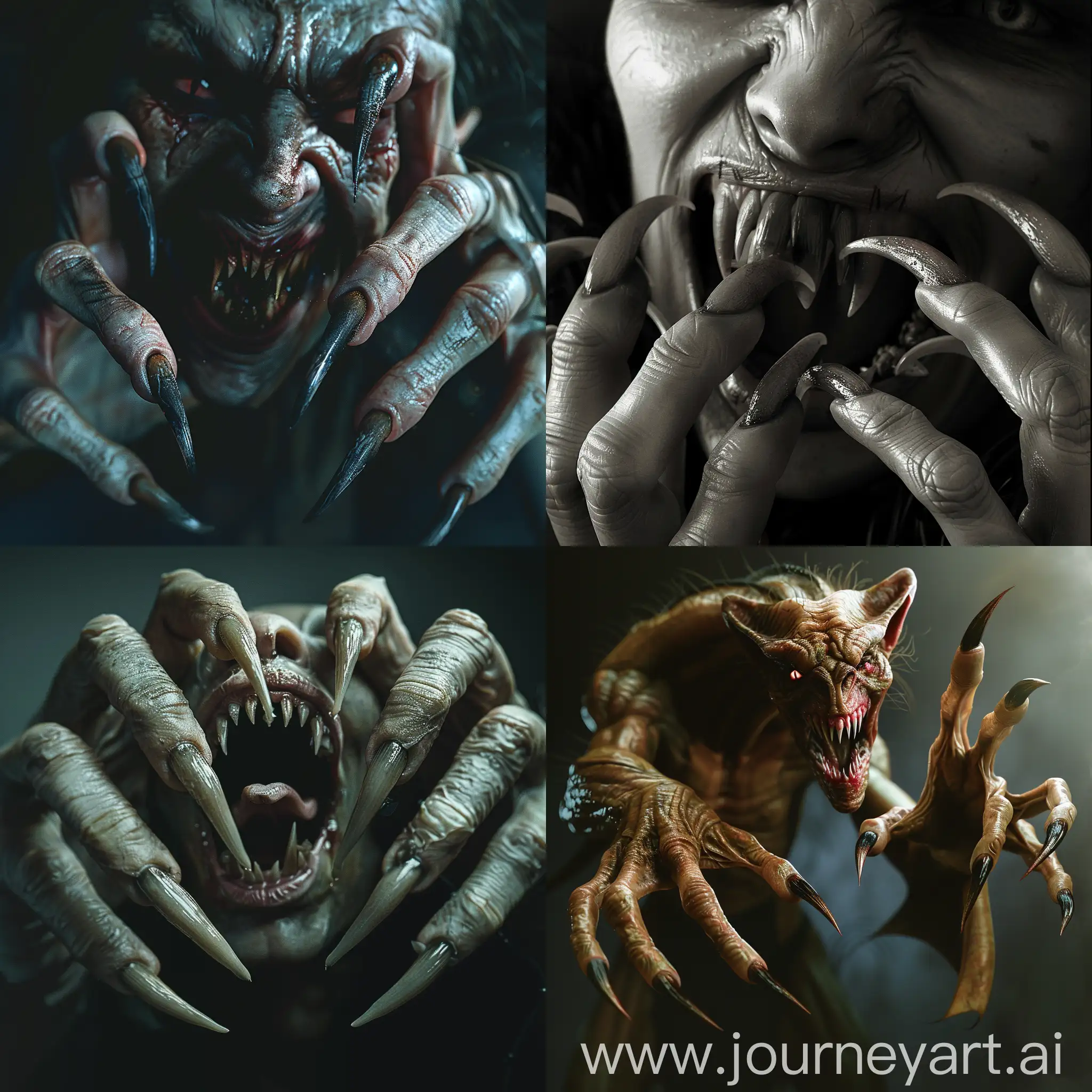 Photorealism of creature a monstruos female vampire with long curved pointed  nails, she aggressive attack, pointed crocked teeth scary expression, dark atmosphere, high quality, photorealistic, terrifying, aggressive,scary predator fangs, detailed nails, horror, atmospheric lighting, full body, realistic hyper - detail, playful character designs, full anatomical. human hands, very clear without flaws with five fingers