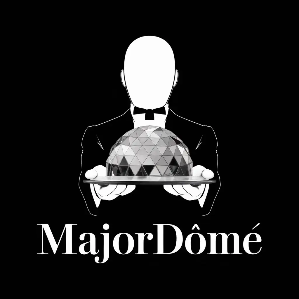 logo, simple, detail less black and white logo of a close up of a faceless butler facing us holding a geodesic dome, with the text "MajorDôme", typography