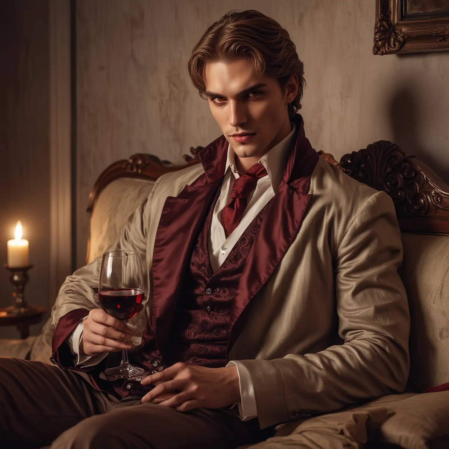A male Toreador vampire, handsome, red glowing eyes, expensive clothing, light brown hair, sitting on a sofa, holding a glass of wine, realistic