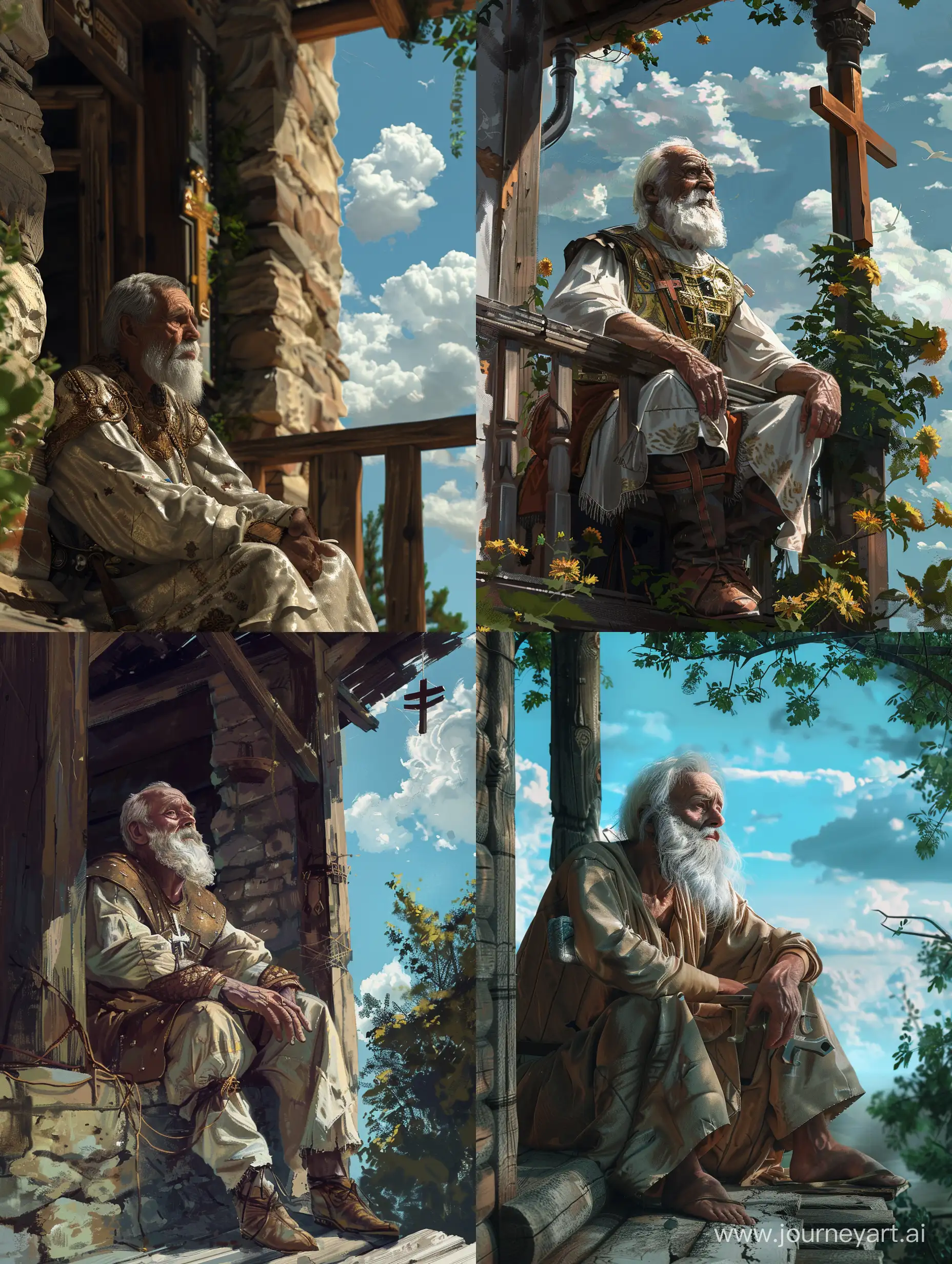 An old Byzantine Greek veteran soldier sitting on his porch and looking at the sky. He's wearing a cross and has a white beard. Renaissance style, 4k, very detailed. Medieval.