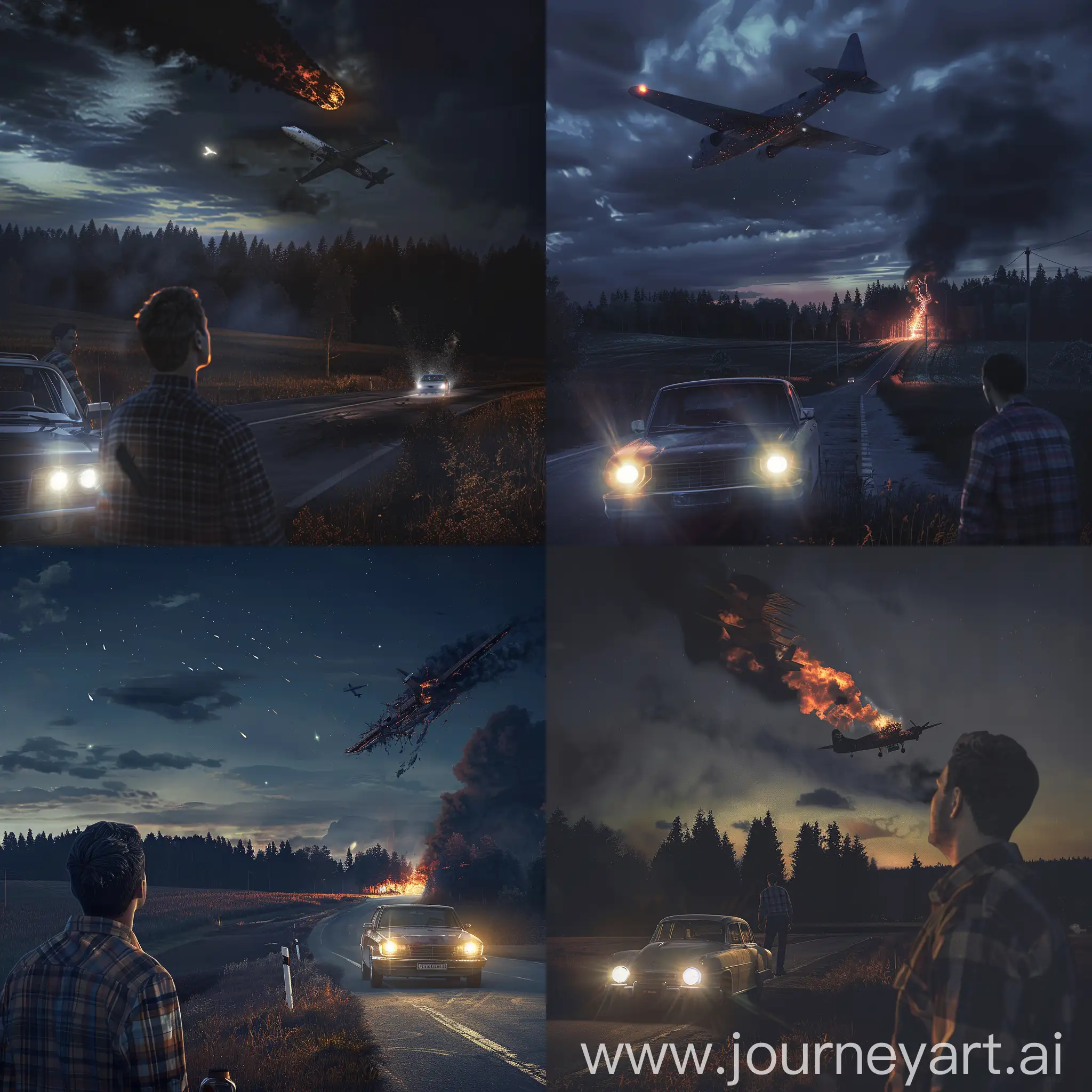 A man in a plaid shirt is standing by a car on the road at night, headlights are shining. A man looks up at the sky, forest and fields on the horizon. A plane is burning and falling in the sky. High quality, great detail, 4k, photorealistic
