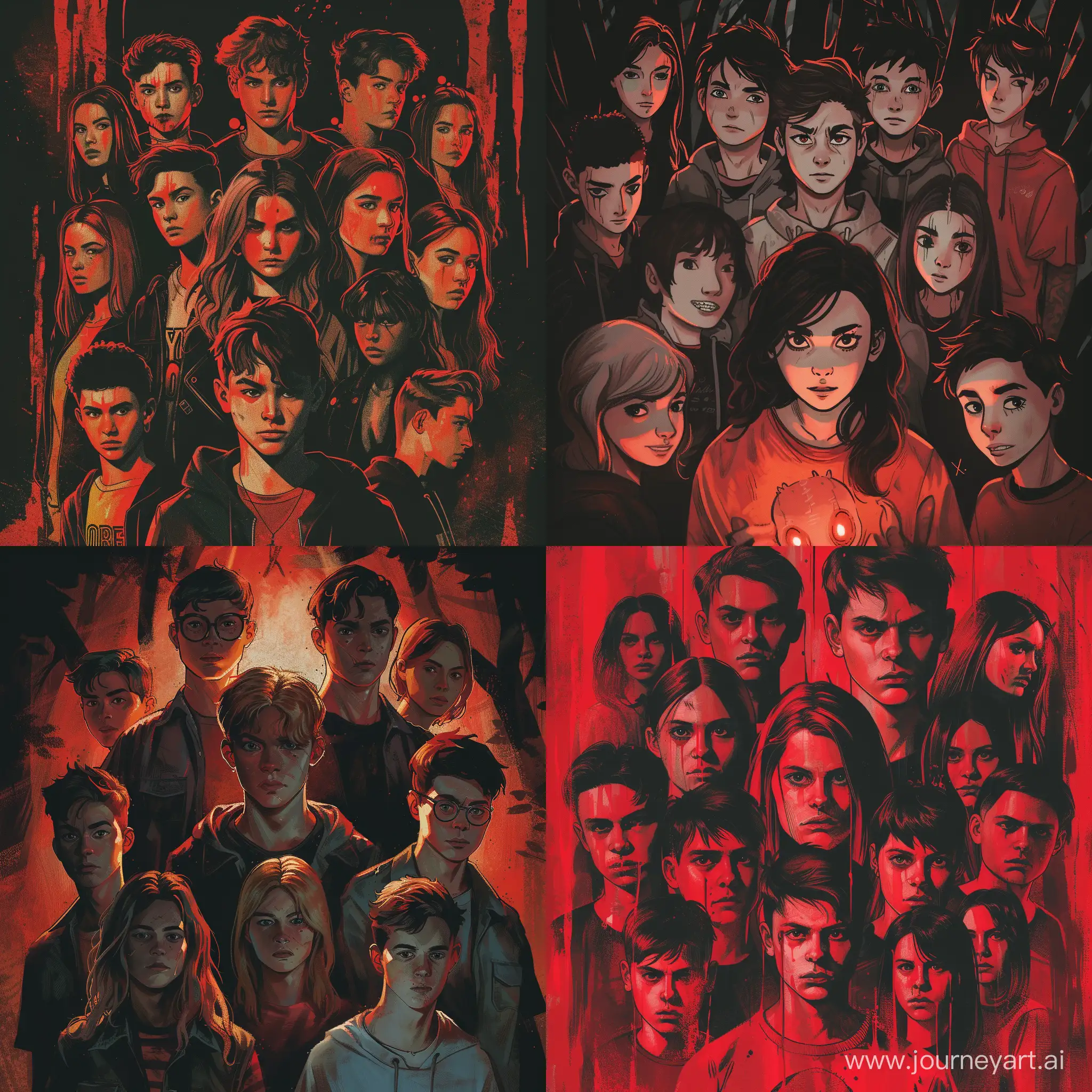 a cover for a book, horror, aesthetic, 11 friends, teenagers, six boys, five girls, creepy

