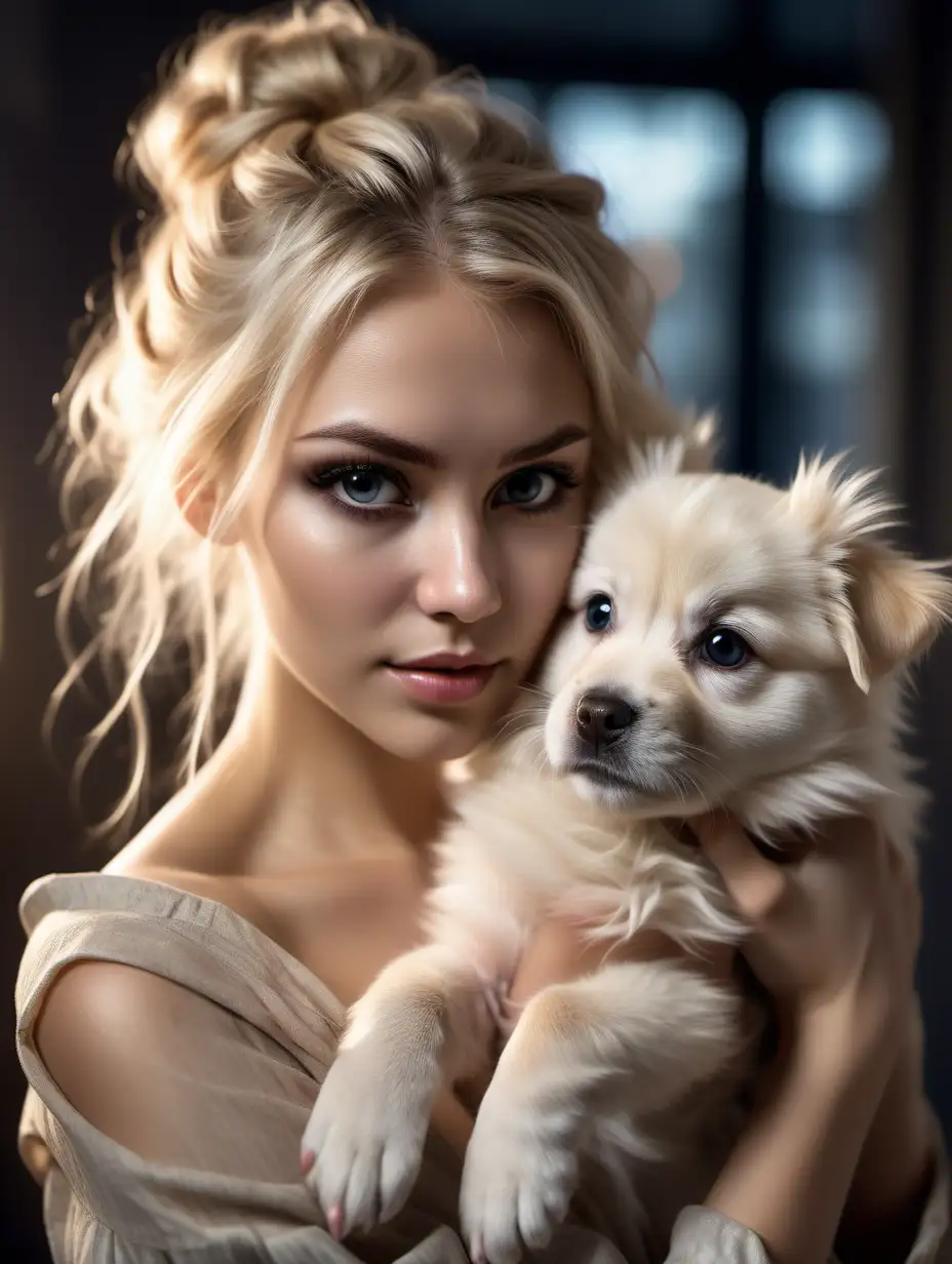 Beautiful Nordic woman, very attractive face, detailed eyes, big breasts, slim body, dark eye shadow, long messy blonde hair in an updo, holding a puppy, close up, bokeh background, soft light on face, rim lighting, facing away from camera, looking back over her shoulder, photorealistic, very high detail, extra wide photo, full body photo, aerial photo
