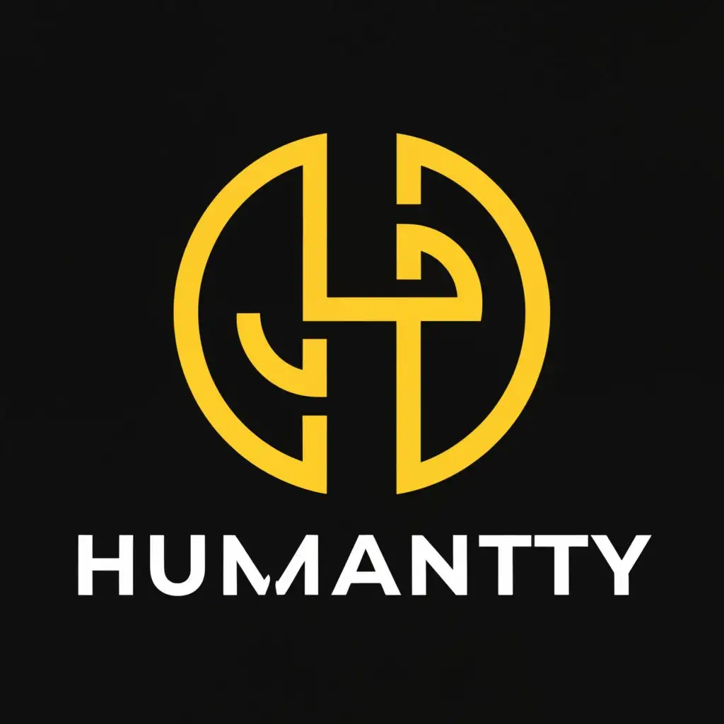 a logo design,with the text "HUMANITY", main symbol:logo that combines a stylized letter “H” with the word “HUMANITY”. The “H” is formed by two yellow semi-circles on a black background, and the word “HUMANITY” is written in white text across the center of the “H”. The design suggests themes of unity or togetherness, possibly symbolizing human connection. If this image is meant to represent an organization or concept, the use of bright yellow could be intended to draw attention, while the encompassing black background might signify solidarity or support. The overall design is simple yet impactful, conveying its message through color contrast and the central placement of the text.,Minimalistic,clear background