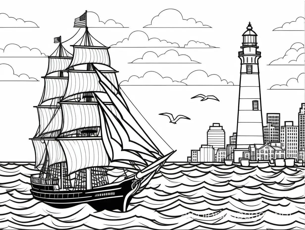 Boston-Cityscape-Coloring-Page-with-Lighthouse-and-Tall-Ship