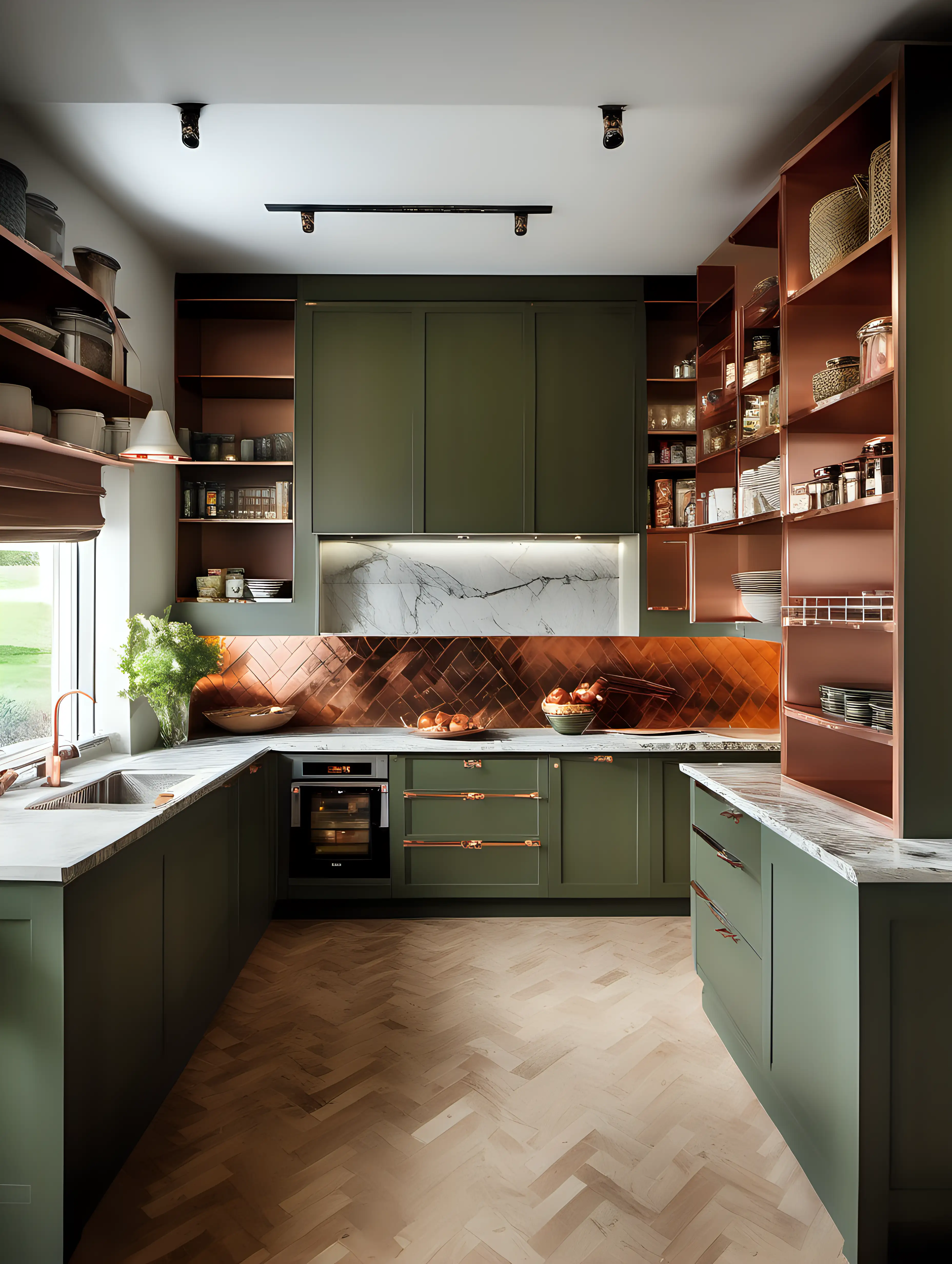 kitchen
olive green
copper accessories
pantry in wood
small island
granite worktops
herringbone floor

