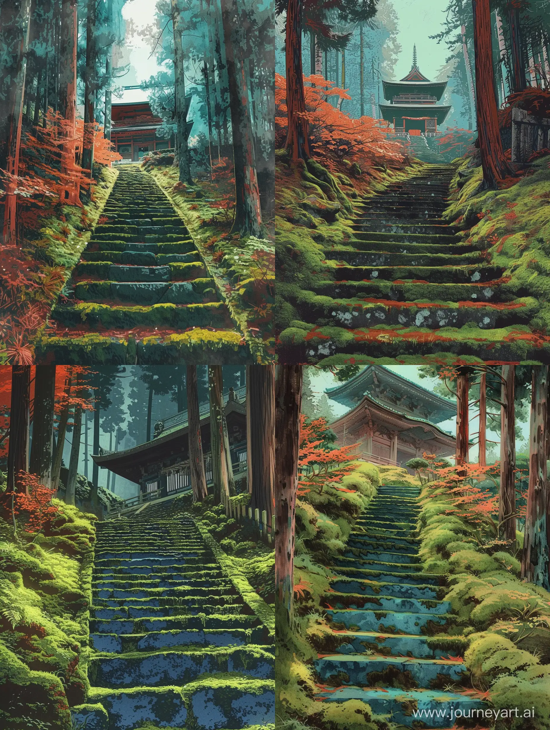 a mossy staircase in the spruce forest to the Japanese temple, going up, the view in front of the stairs. Colors: bluish green, green, red, orange, brown. In the style of an old illustration.
