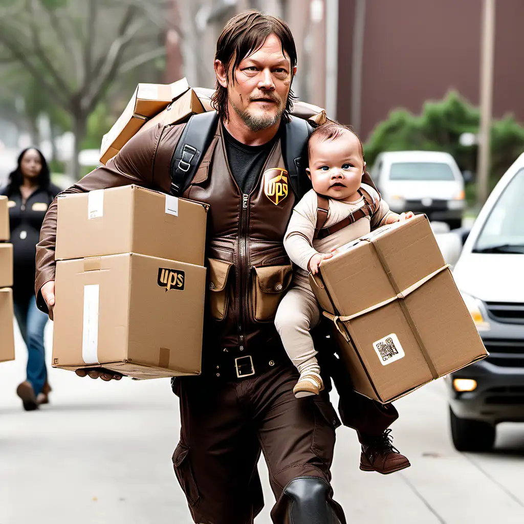 Norman Reedus as a UPS Delivery Man with a Baby on His Shoulders