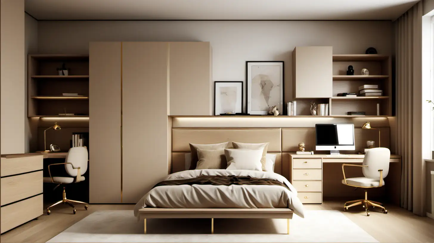 Grand minimalist home teenagers room; beige; oak; brass colour palette; 

