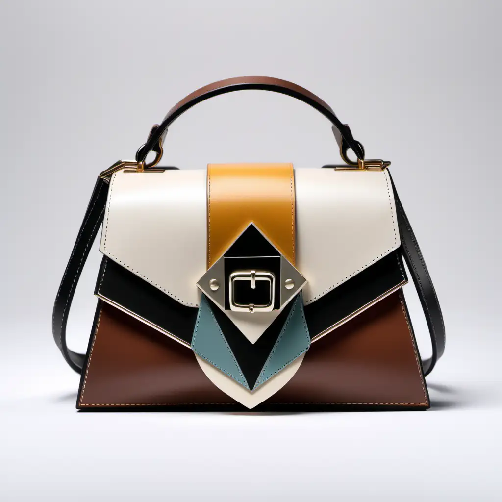 Art Nouveau motiv inspired luxury small bag leather with flap and metal buckle- geometric shape - frontal view - inserts color block - neutral shades