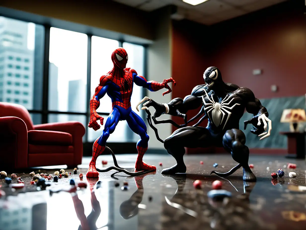 cinematic still, claymation, spiderman fighting venom, they are in a lobby